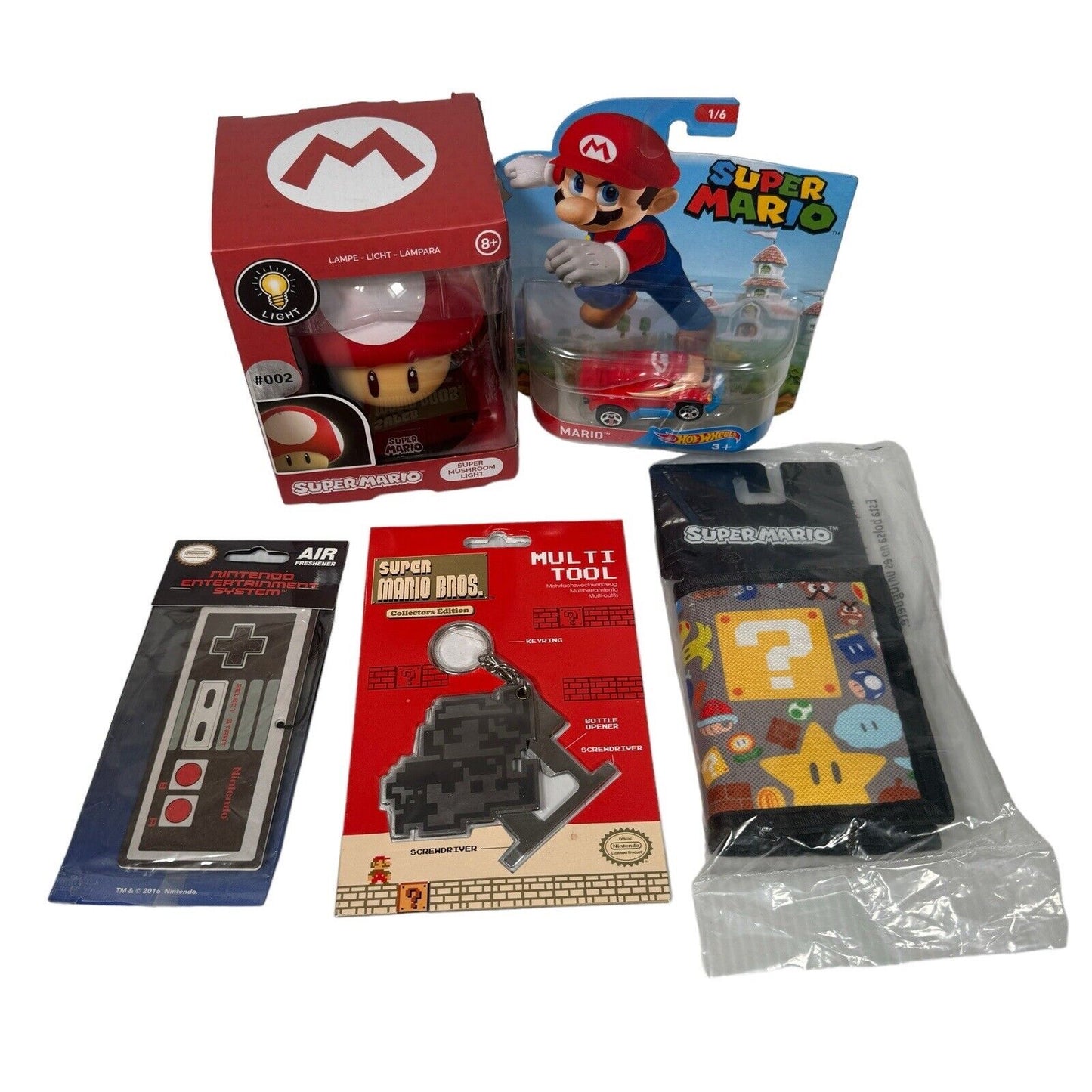 Mixed Lot Of Super Mario Bros Collectibles Wallet Multi Tool Car Light Freshener