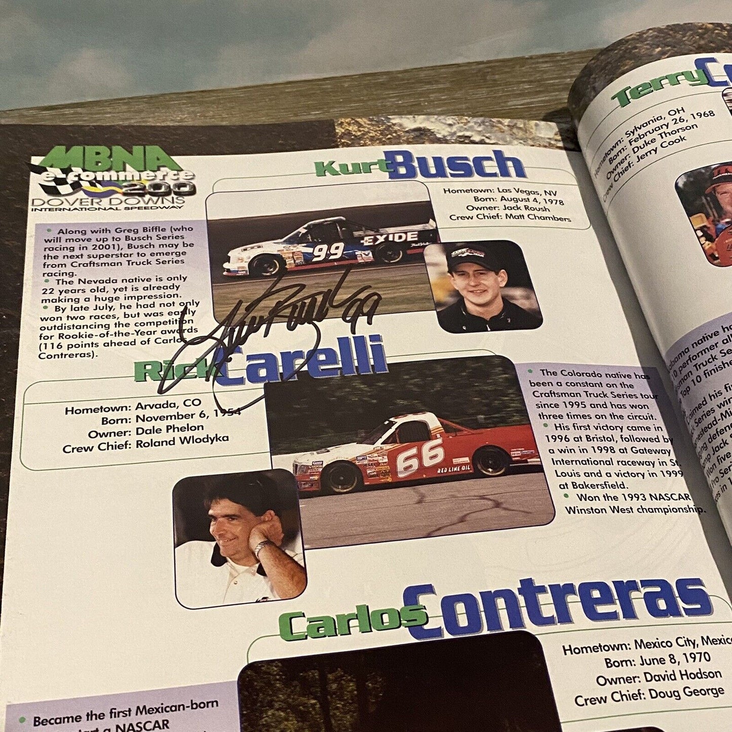 MNBA .com 400 Dover Downs September 2000 Kurt Busch Signed Program w/ Patch