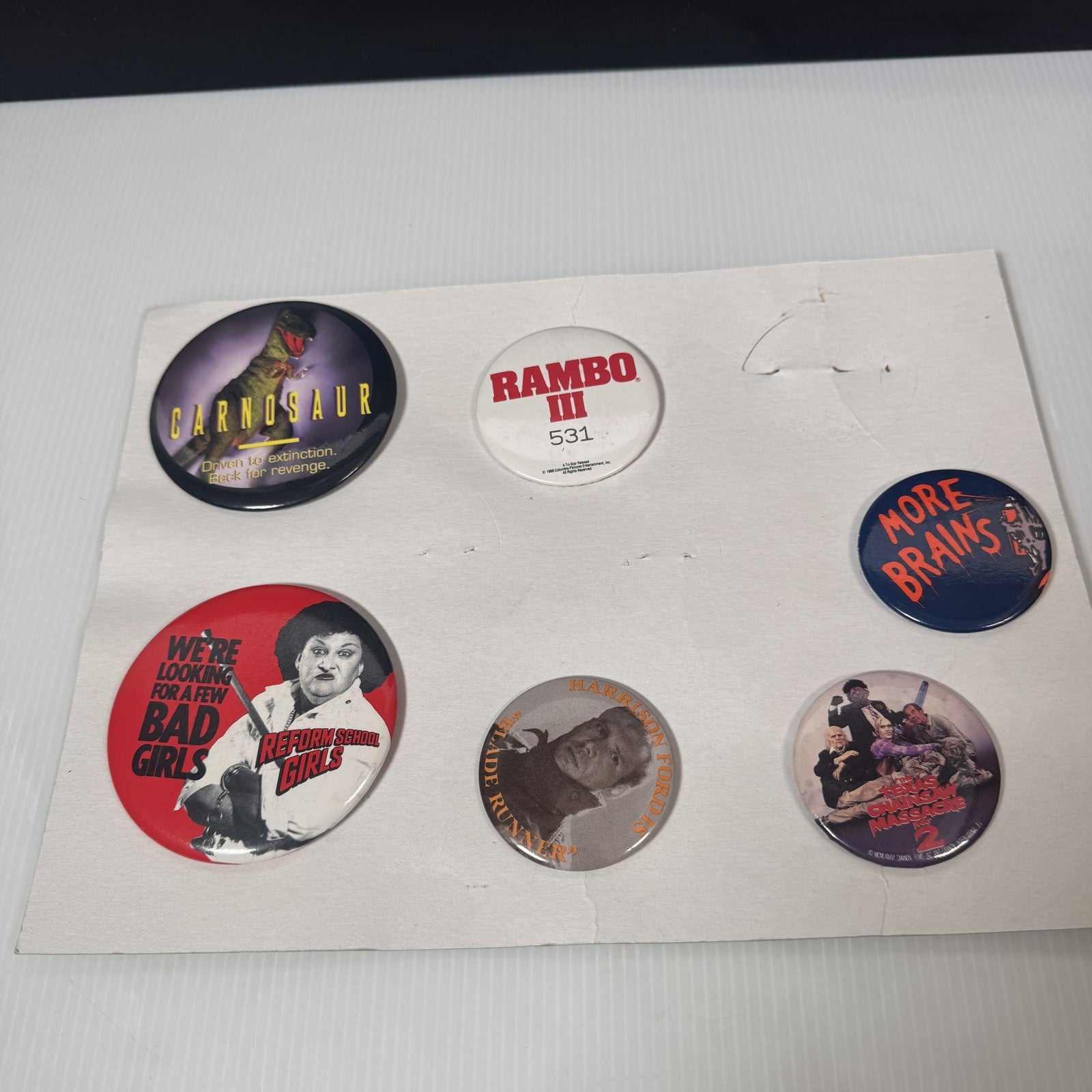 Vintage Movie Promo Pinback Button Lot: Rambo III, Carnosaur, Texas Chainsaw