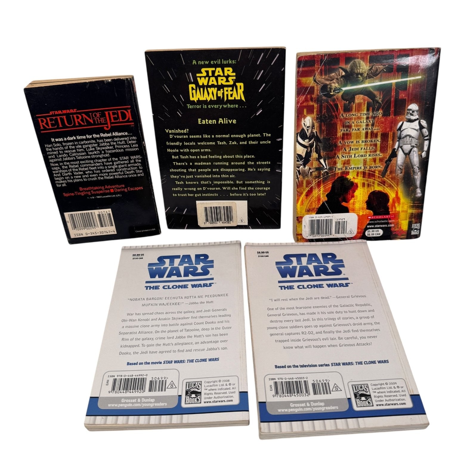 Star Wars YA Fiction Book Lot of 5 Galaxy of Fear, Clone Wars, ROTJ & More