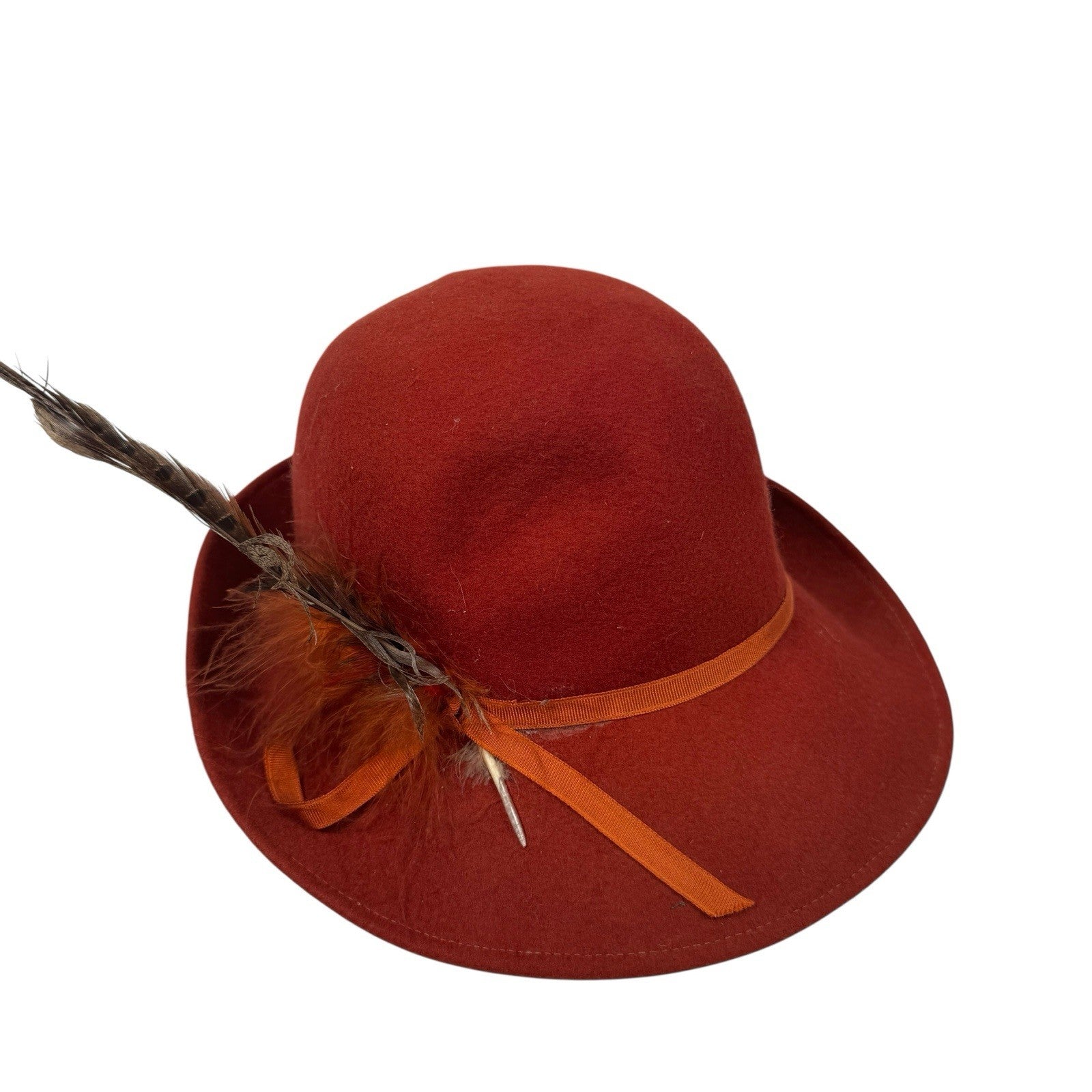 Vintage Lancaster Felt 100% Wool Red One Size Womens Hat With Feather Trim