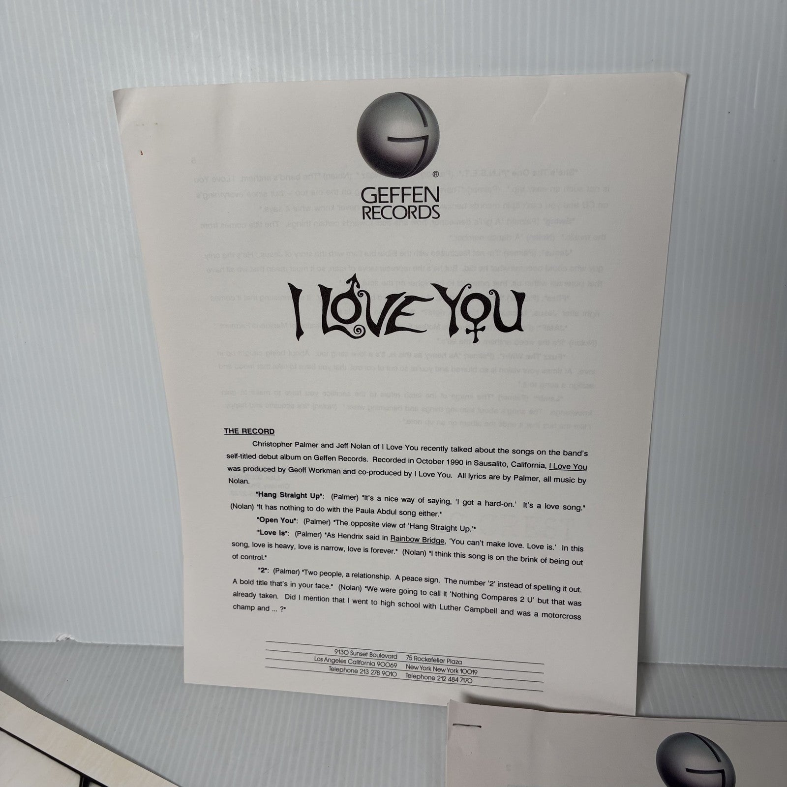 I Love You Band Geffen Records 1991 Press Kit with Photo & Bio Rock Music