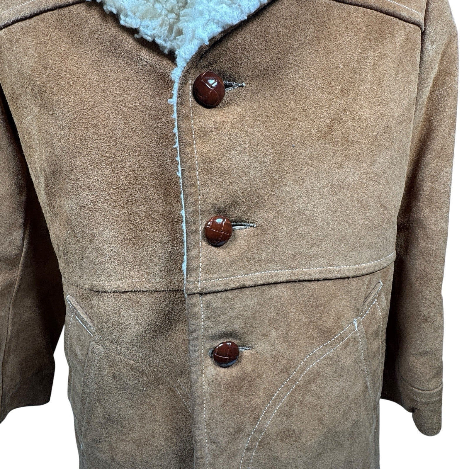 Vintage 70s Lakeland Brown Suede Leather Western Sherpa Rancher Coat Jacket 40