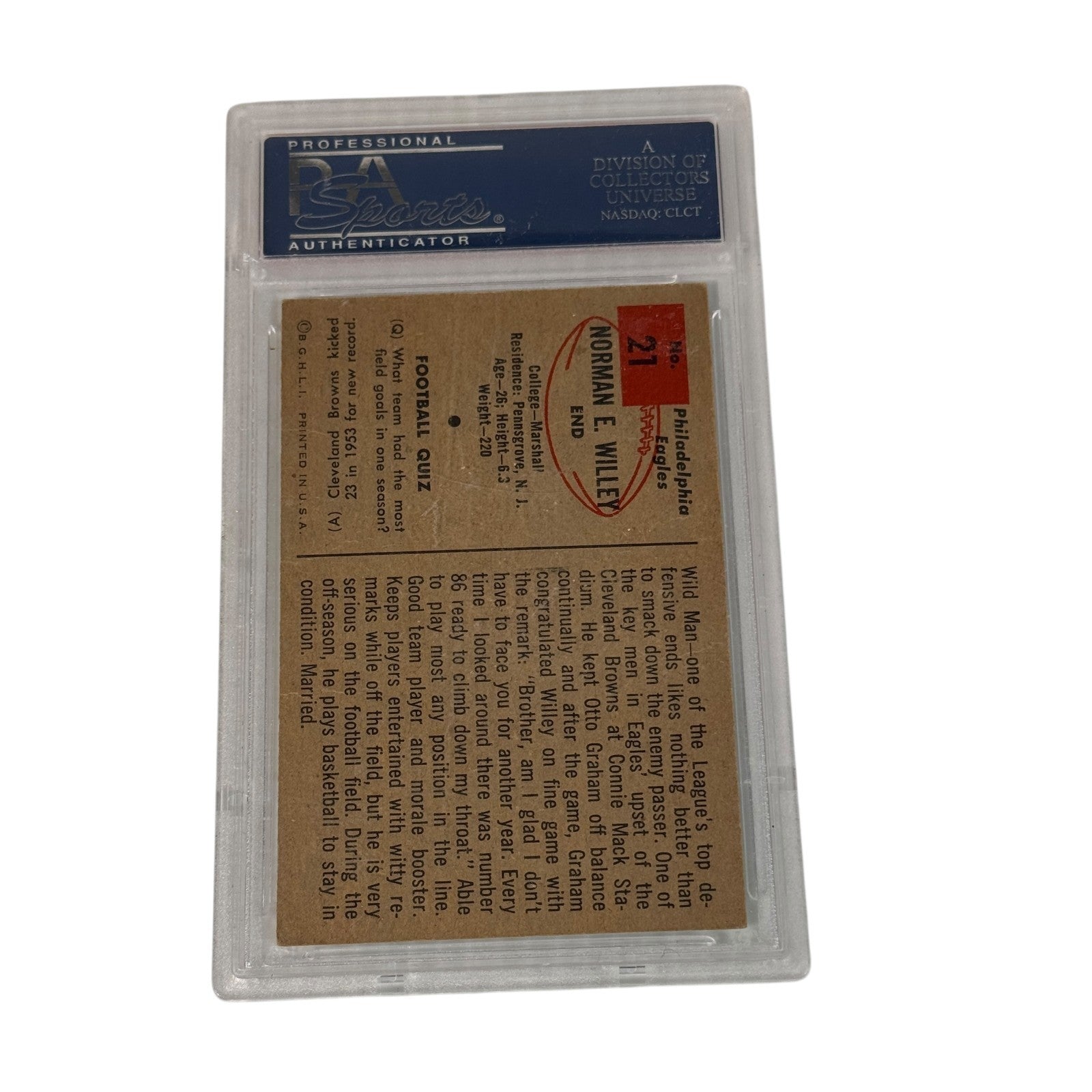 1954 Bowman - Norm Willey #21 PSA Graded 3 VG Philadelphia Eagles Rookie RC