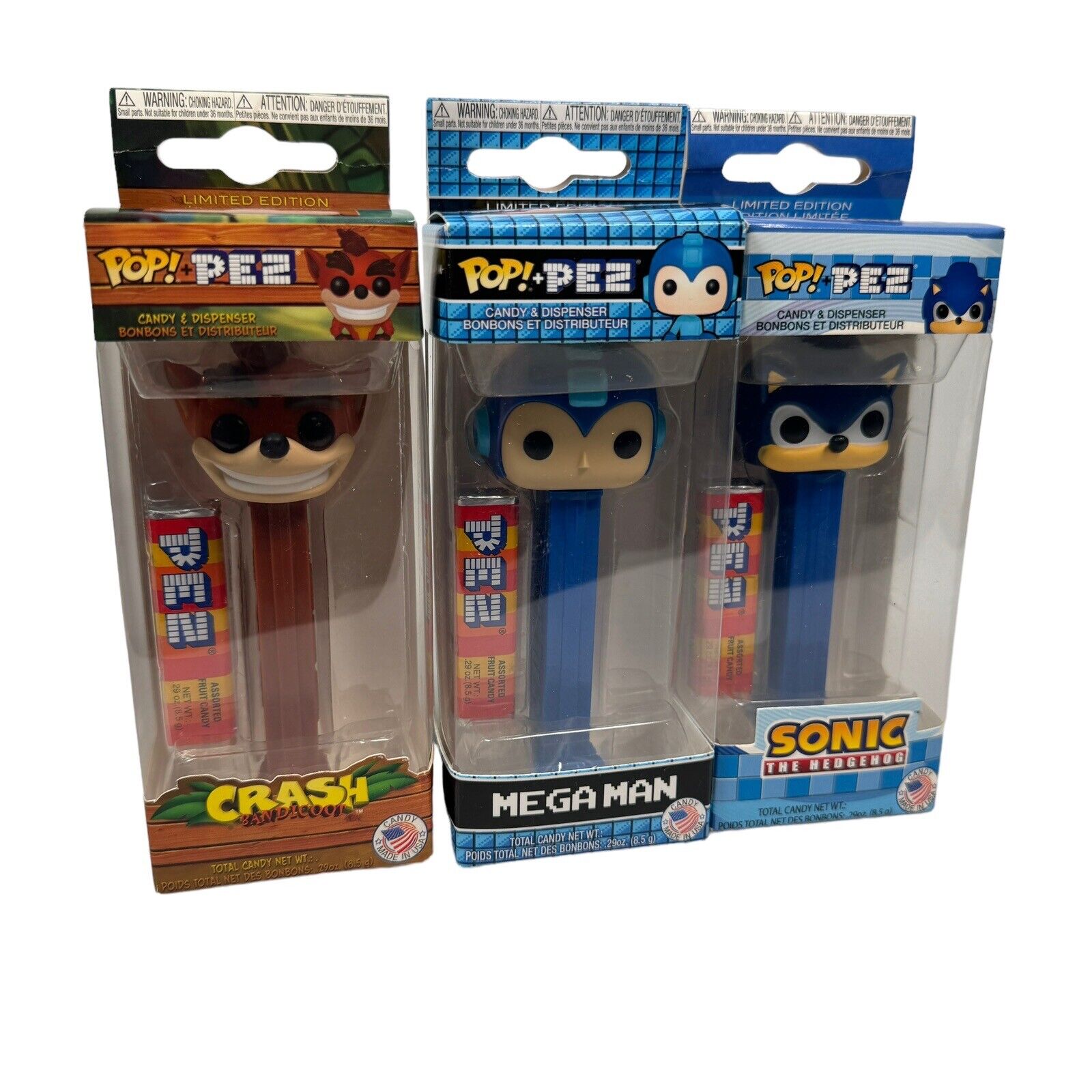 Retro Game Character Pop Figurines Lot Of 3 Mega Man Crash Sonic Candy Dispenser