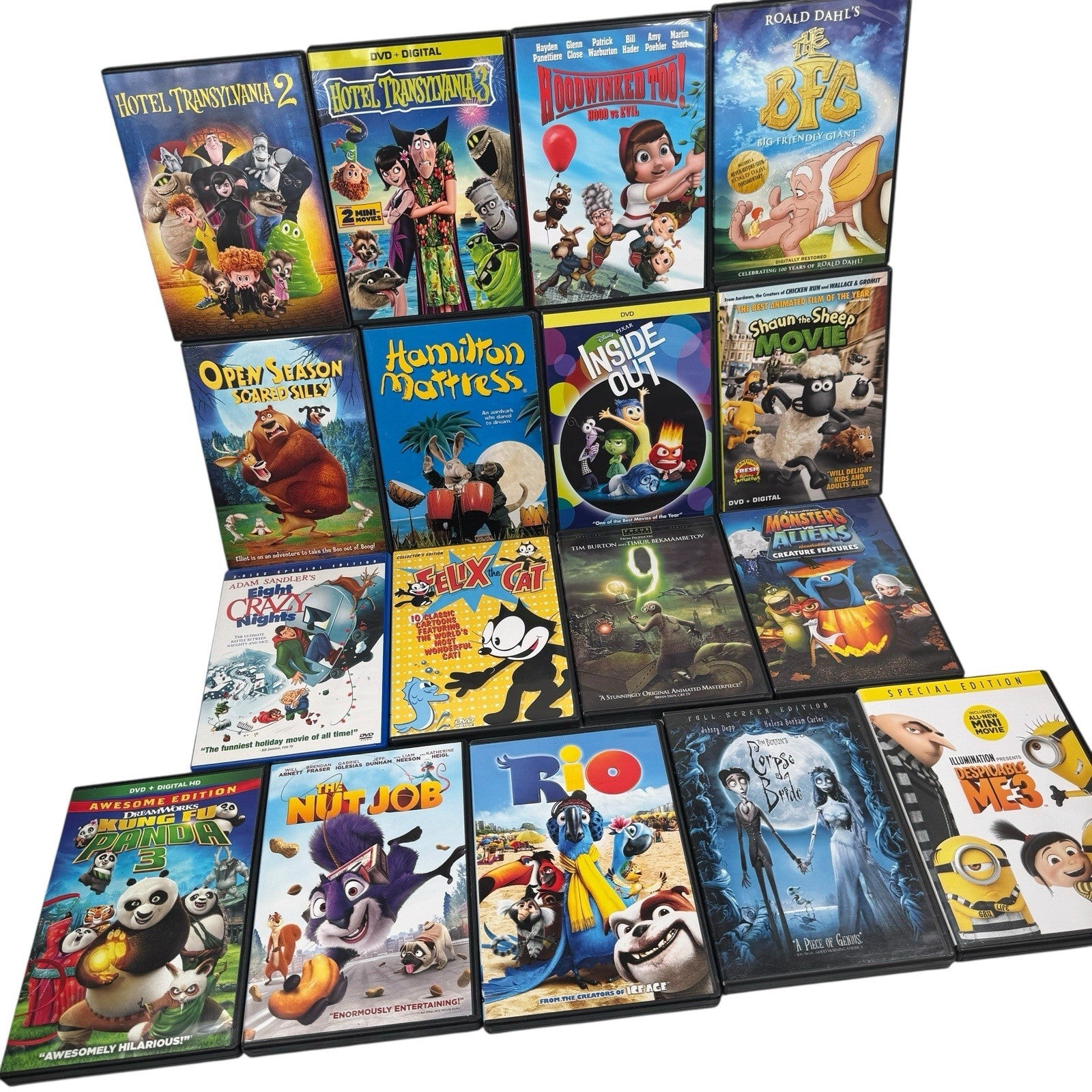 17 Animated Movie DVDs Lot Inside Out, Rio, Hotel Transylvania 2+3, “9” & More
