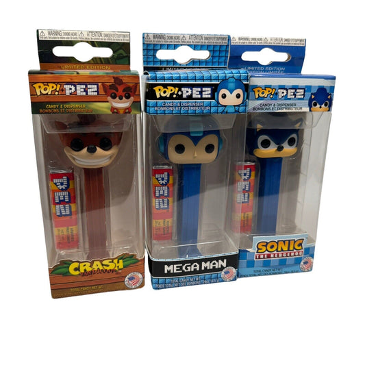 Retro Game Character Pop Figurines Lot Of 3 Mega Man Crash Sonic Candy Dispenser