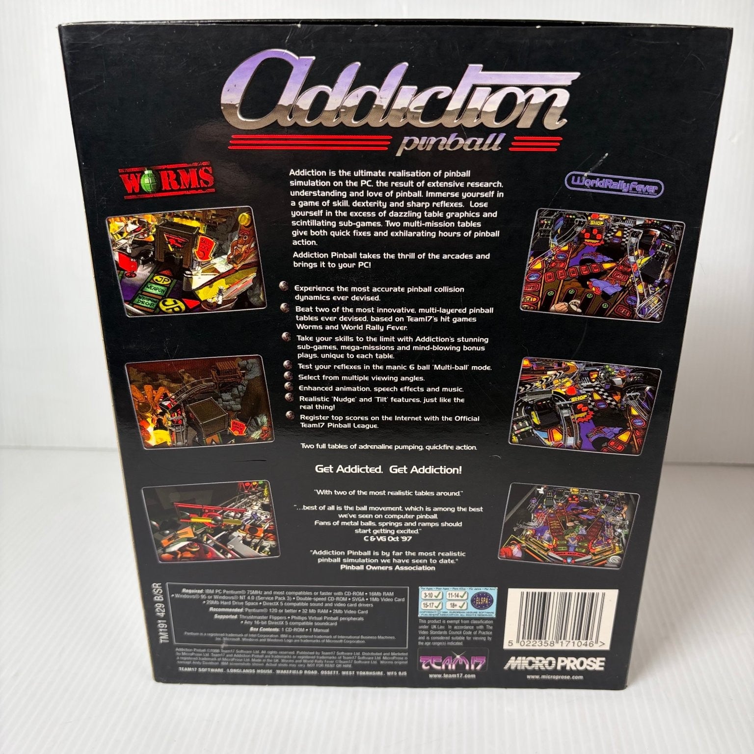 Addiction Pinball Big Box PC CD-ROM Video Game Worms World Rally Fever
