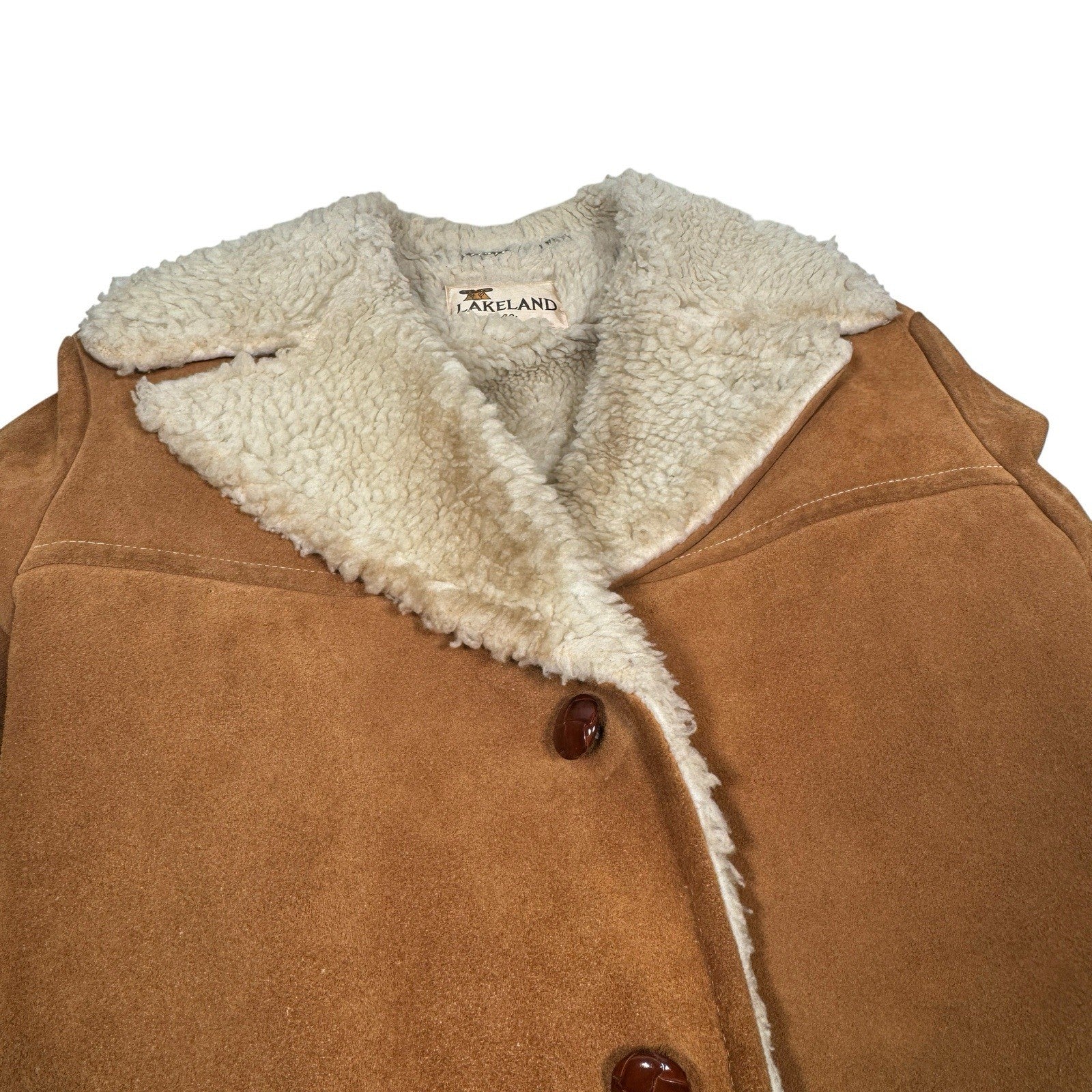 Vintage 70s Lakeland Brown Suede Leather Western Sherpa Rancher Coat Jacket 40