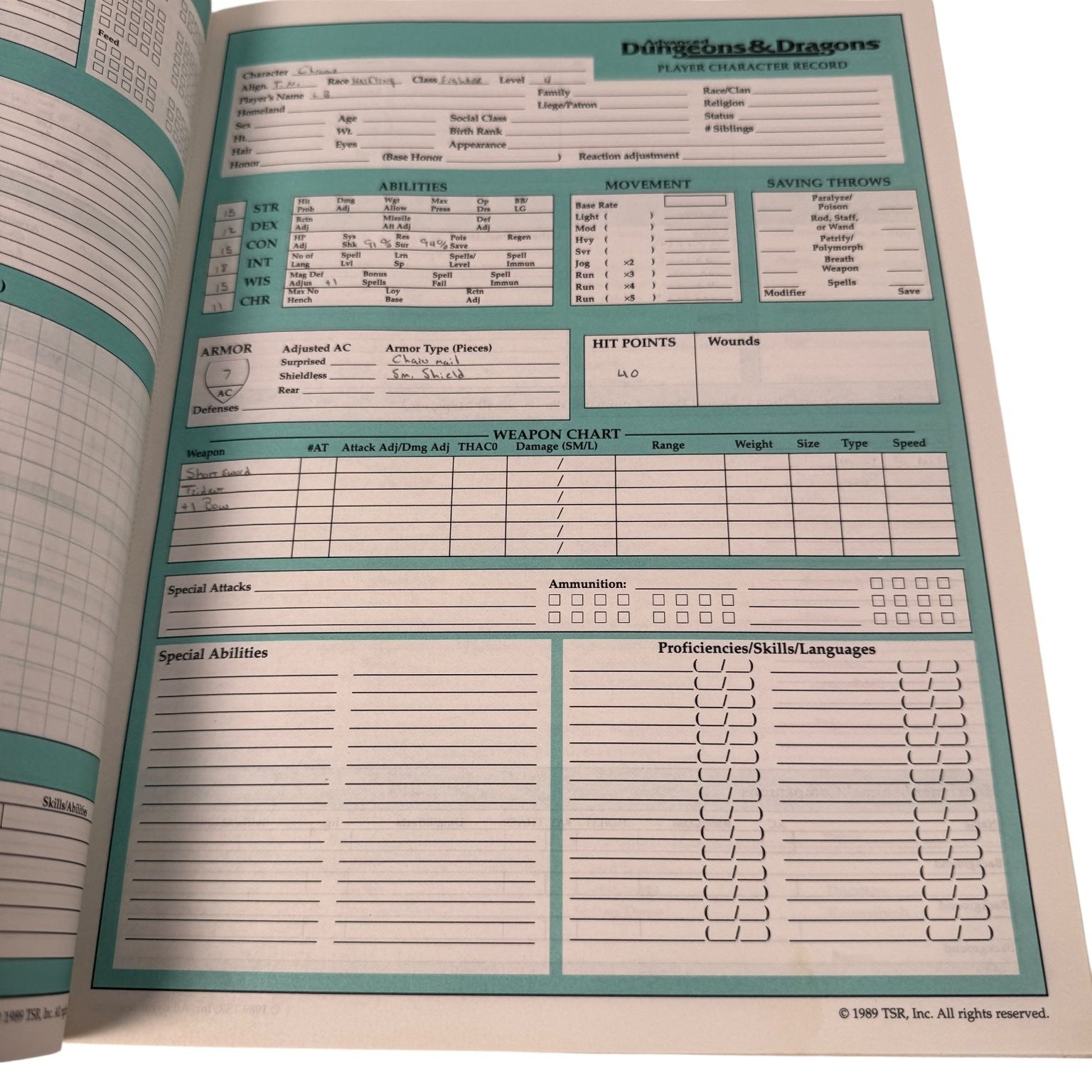 Advanced Dungeons & Dragons Character Record Sheets 1989 TSR Game Accessory 9264