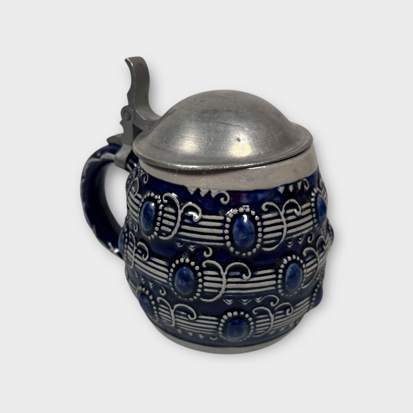 German Höhr-Grenzhausen Reinhold Merkelbach Stein Mug w/ Pewter Lid Blue Design