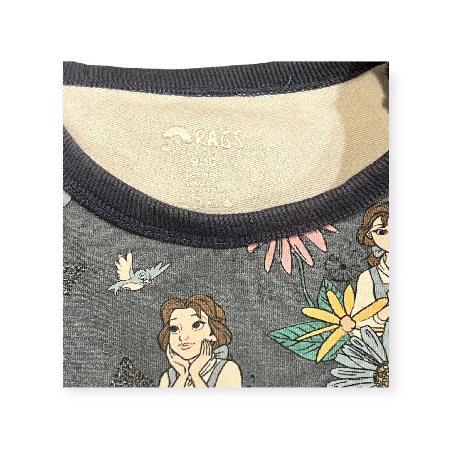 RAGS to Raches Disney Long Sleeve Top Kids Grey Floral Belle Print Size 9/10