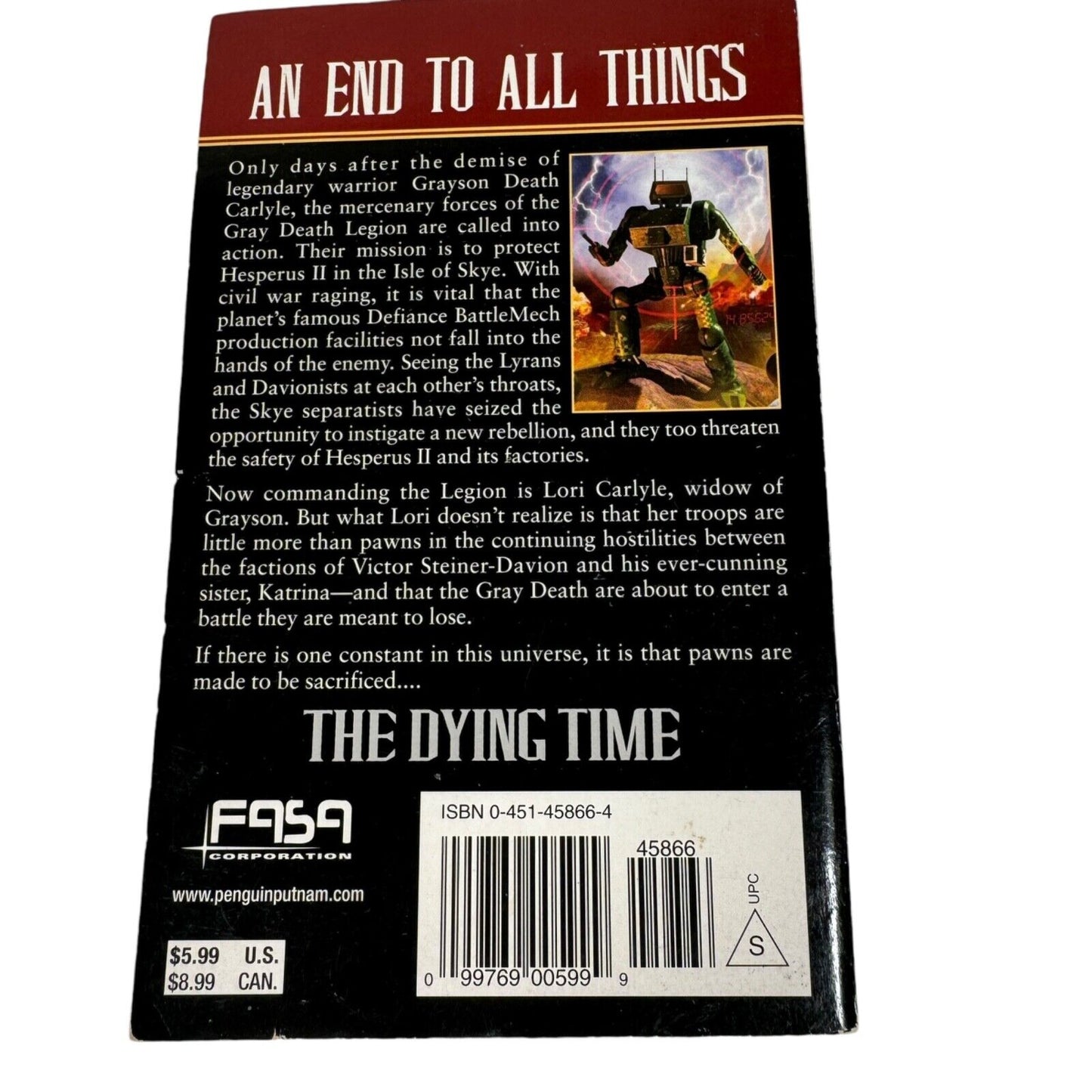 The Dying Time Mechwarrior Paperback Novel First Printing by Thomas Gressman RoC