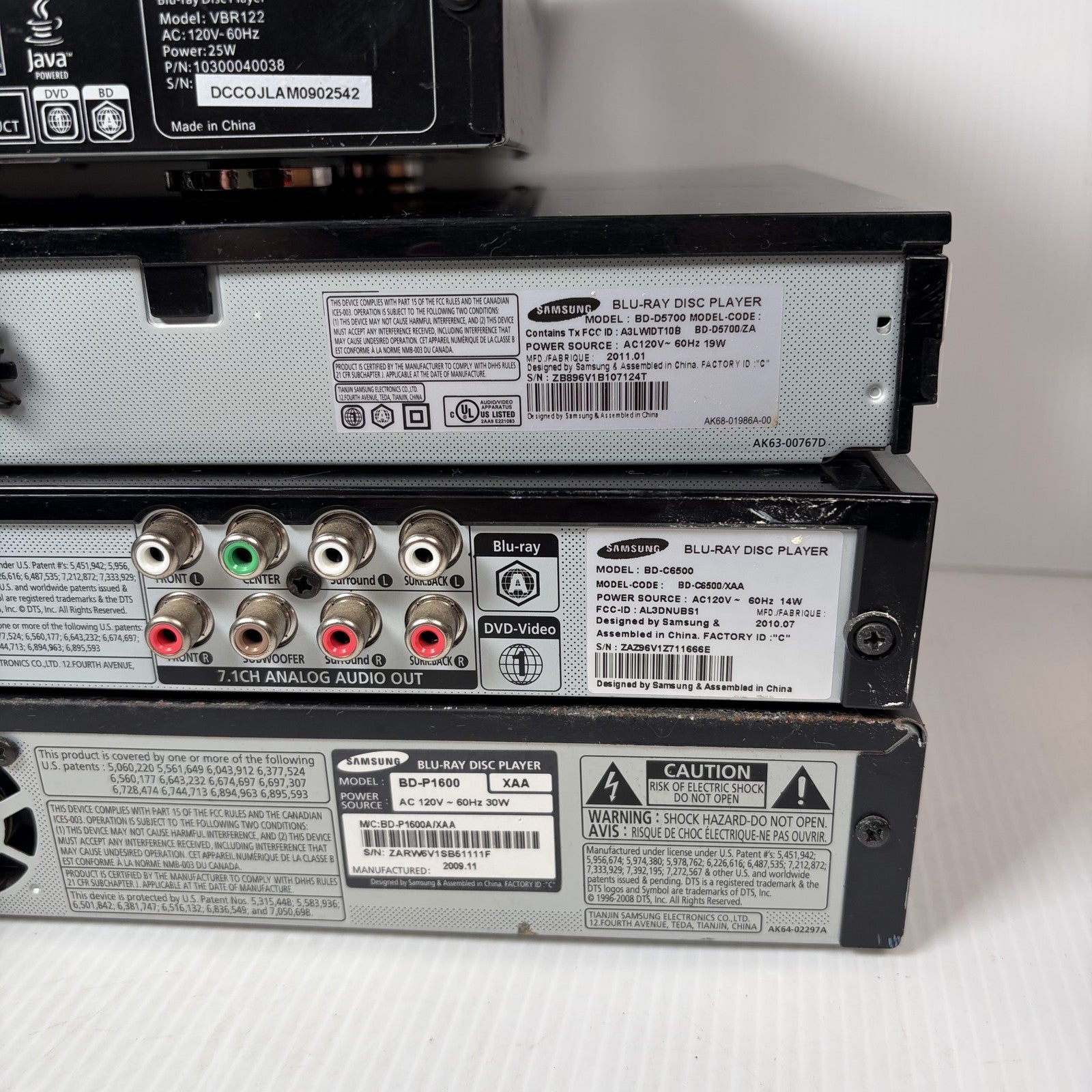Lot of 5 AS IS Blu-ray DVD Players Sony BDP-S5100, Vizio, Samsung For Parts