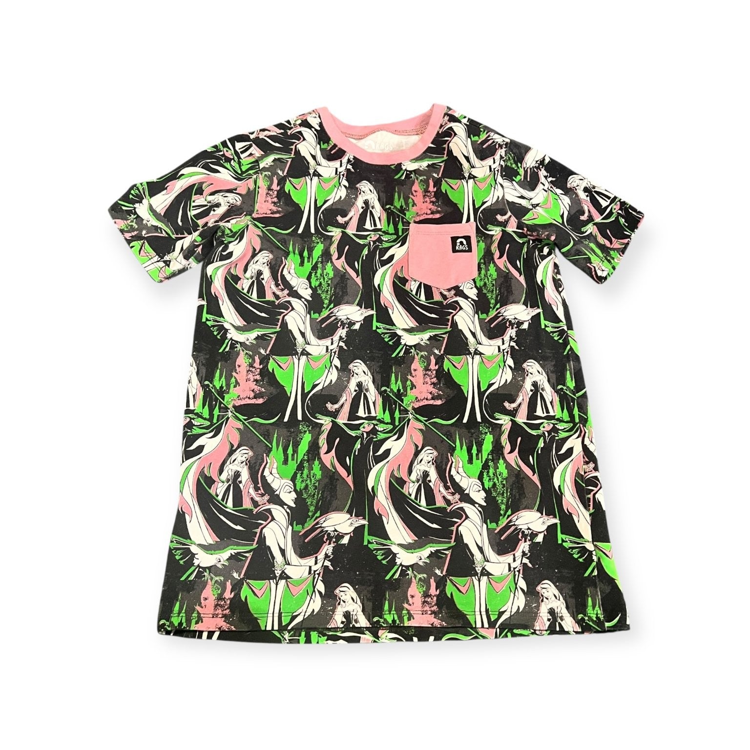 RAGS to Raches Kids T-Shirt Unisex 7-8 Aurora Maleficent Graphic Print Cotton