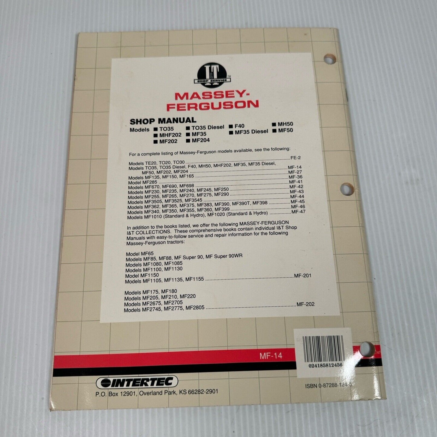 Massey-Ferguson I&T Shop Service Manual MF-14 1990 Spiral Bound TO35 MF35 MF202