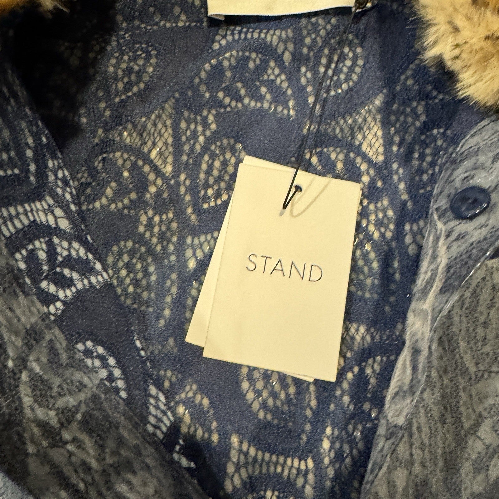 Stand Studio Designer Anais Rain Coat Long Dark Navy Translucent Sz 38 PVC Lace