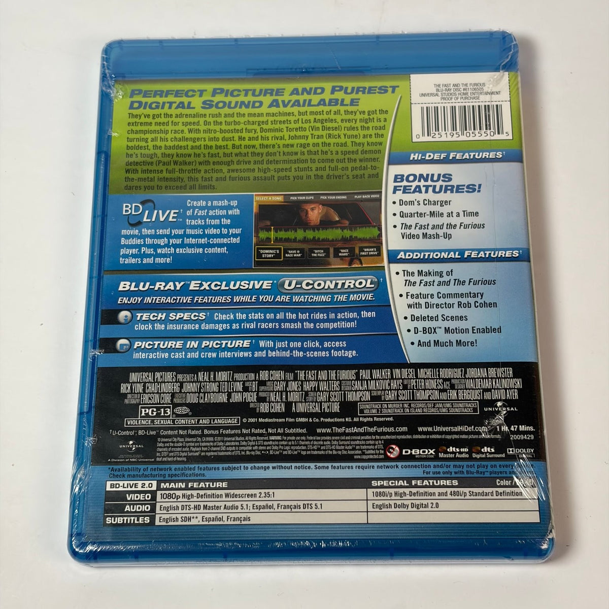 Fast and the Furious Blu-ray 2001 Paul Walker Vin Diesel Original Rob Cohen