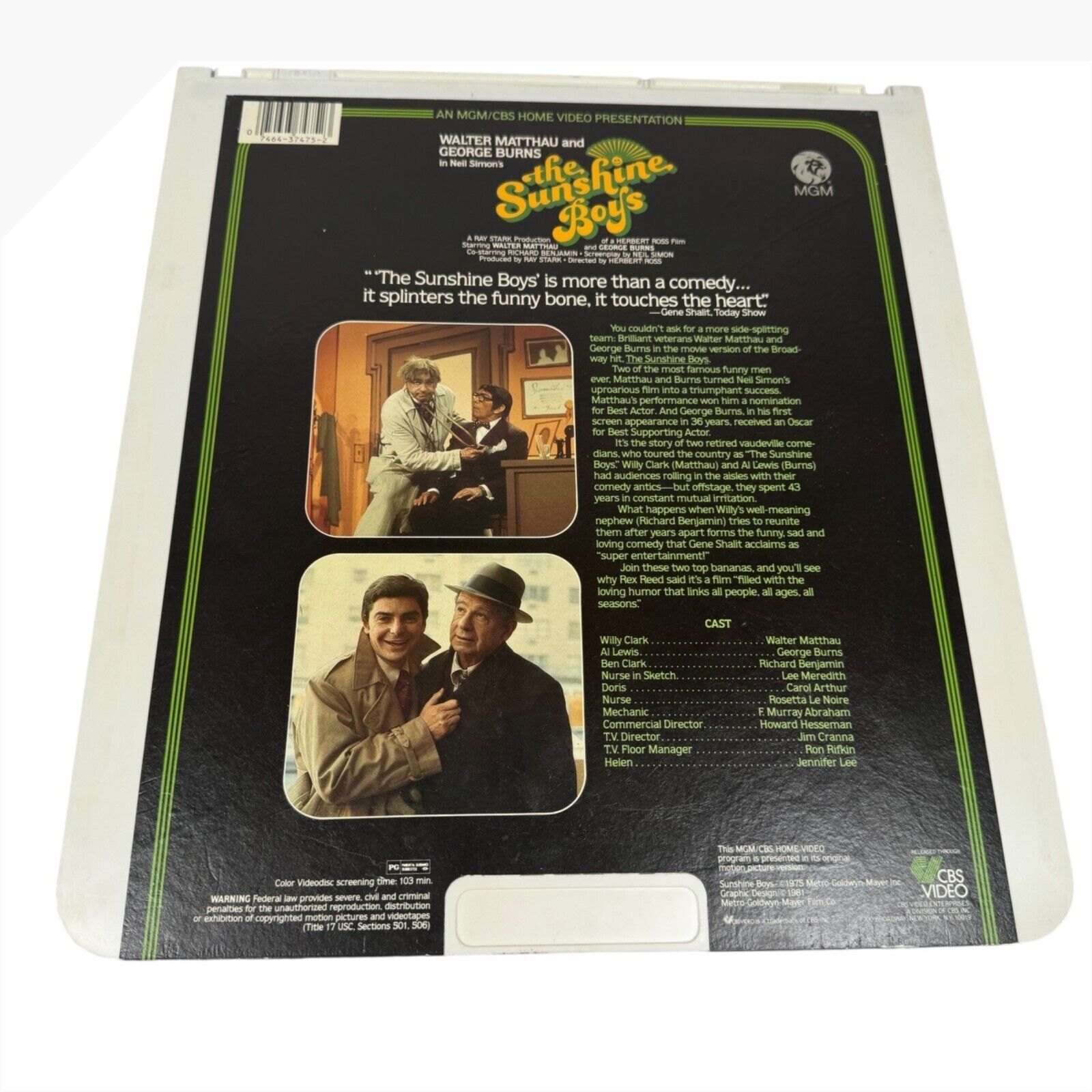 The Sunshine Boys RCA Selectavision CED Videodisc Vintage 1975 MGM Home Video