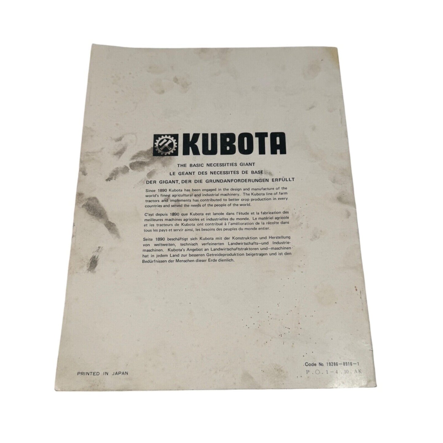 Kubota Diesel Engine V1100-B VH1100-B V1200-B Engine Operator's Manual VTG