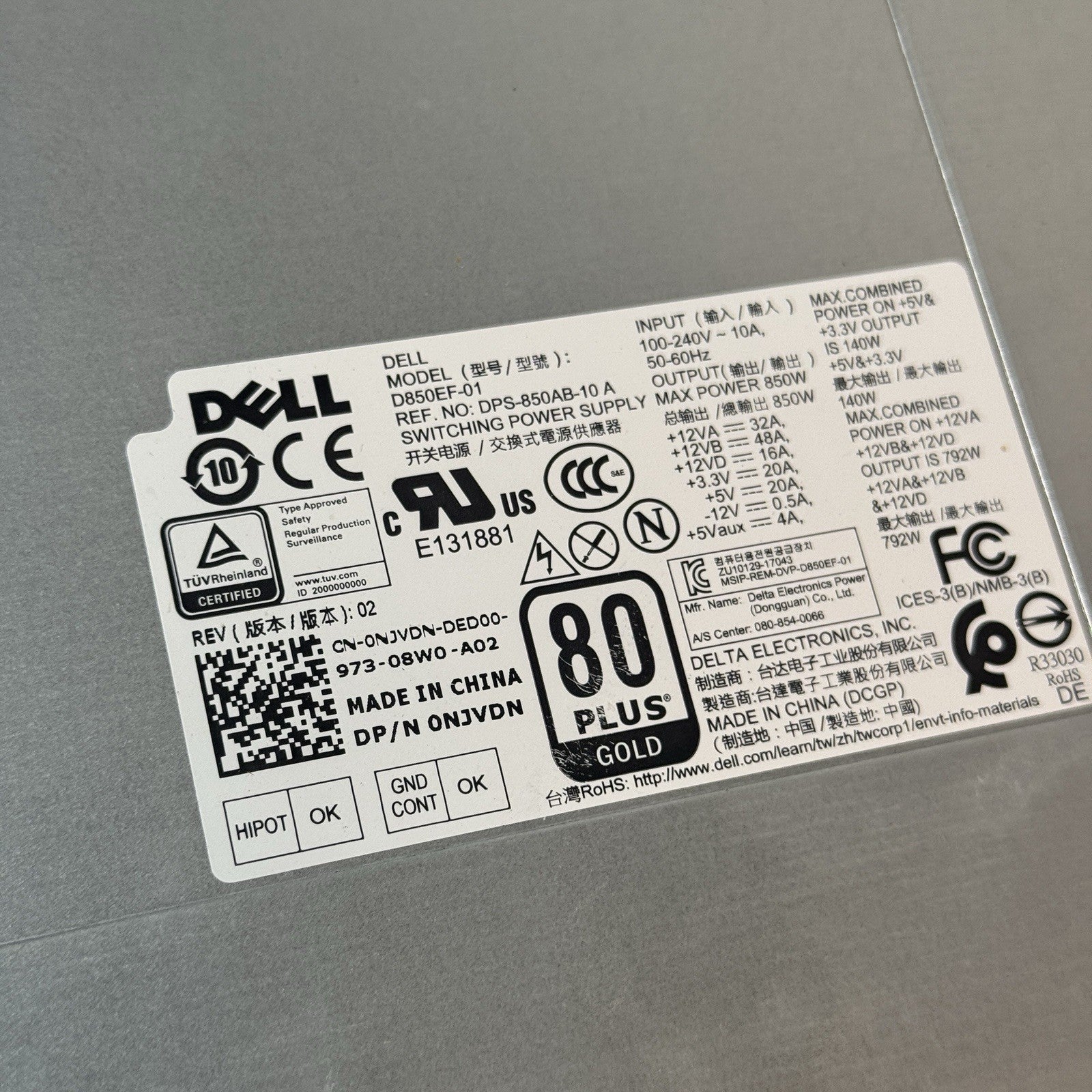 Dell XPS / Alienware 850W Power Supply 80 Plus Gold D850EF-01 NJVDN 0NJVDN