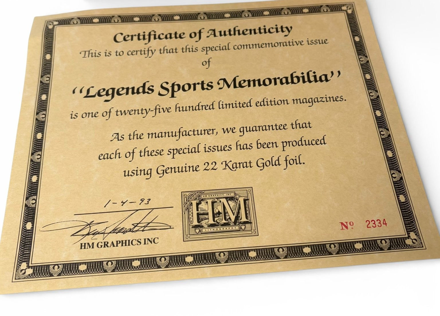 Legends Sports Memorabilia Jan/Feb 1993 Larry Bird 22K Gold Foil COA with Cards