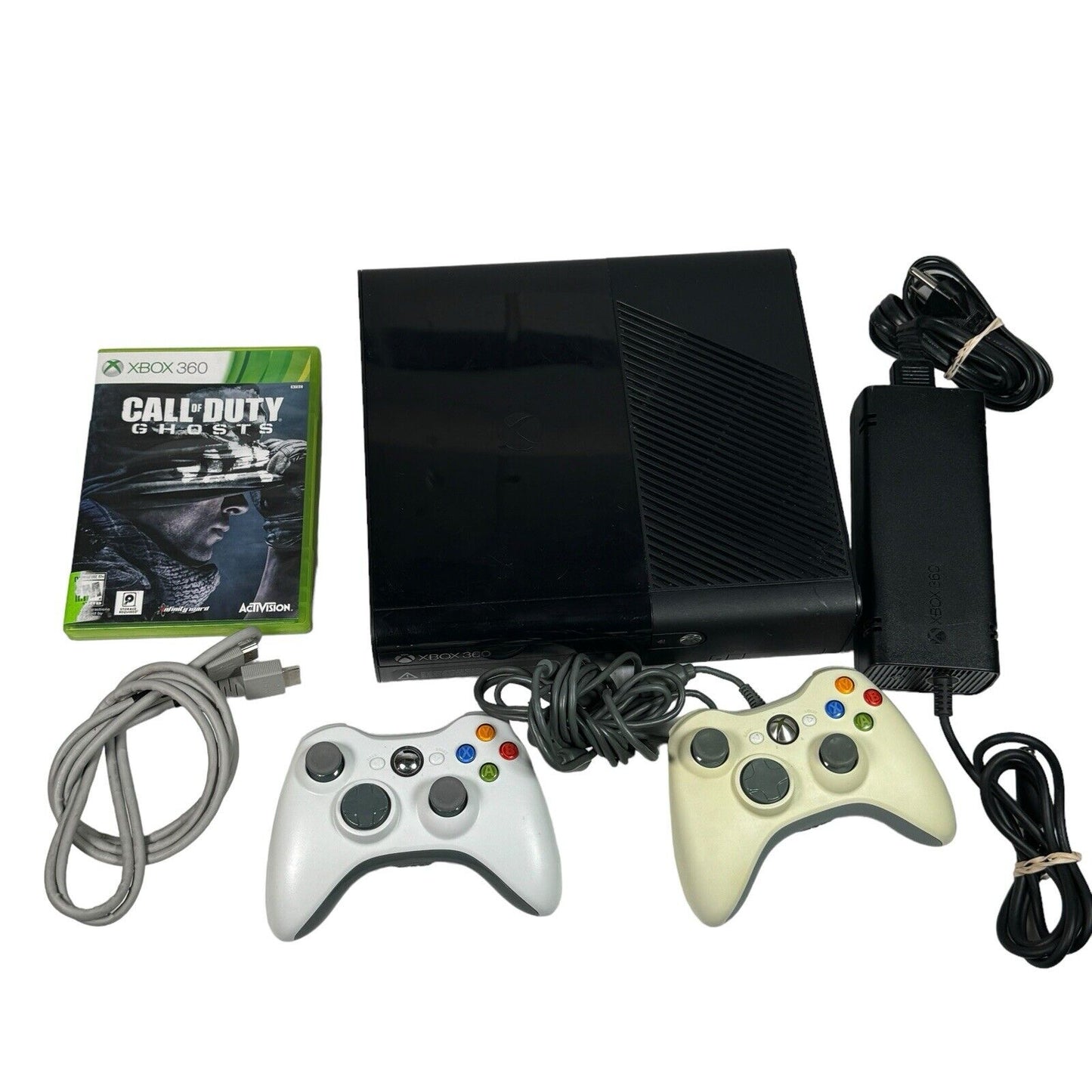 Xbox 360 E 4GB Console (Model 1538) w/ 2 Controllers And Call Of Duty Ghosts