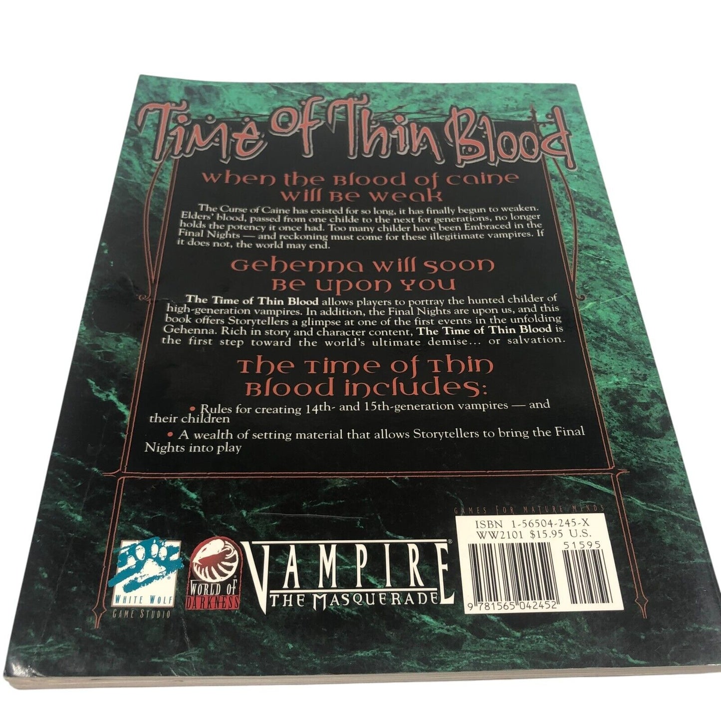 White Wolf Vampire The Masquerade Time of Thin Blood Sourcebook VG WW2101 1999