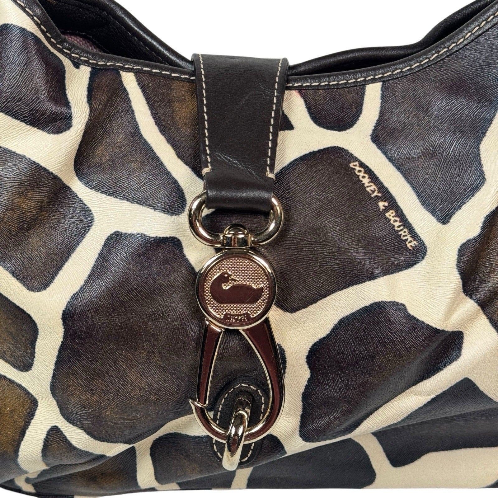 Dooney & Bourke Giraffe Print Leather Satchel Handbag Purse W/ Duck Hook & Loop