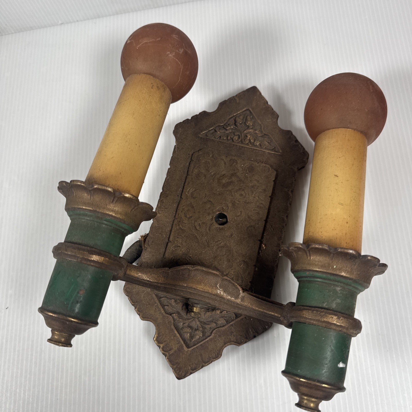 Lot Of 2 Antique Cast Metal Light Fixtures Sconce & Chandelier Untested As Is