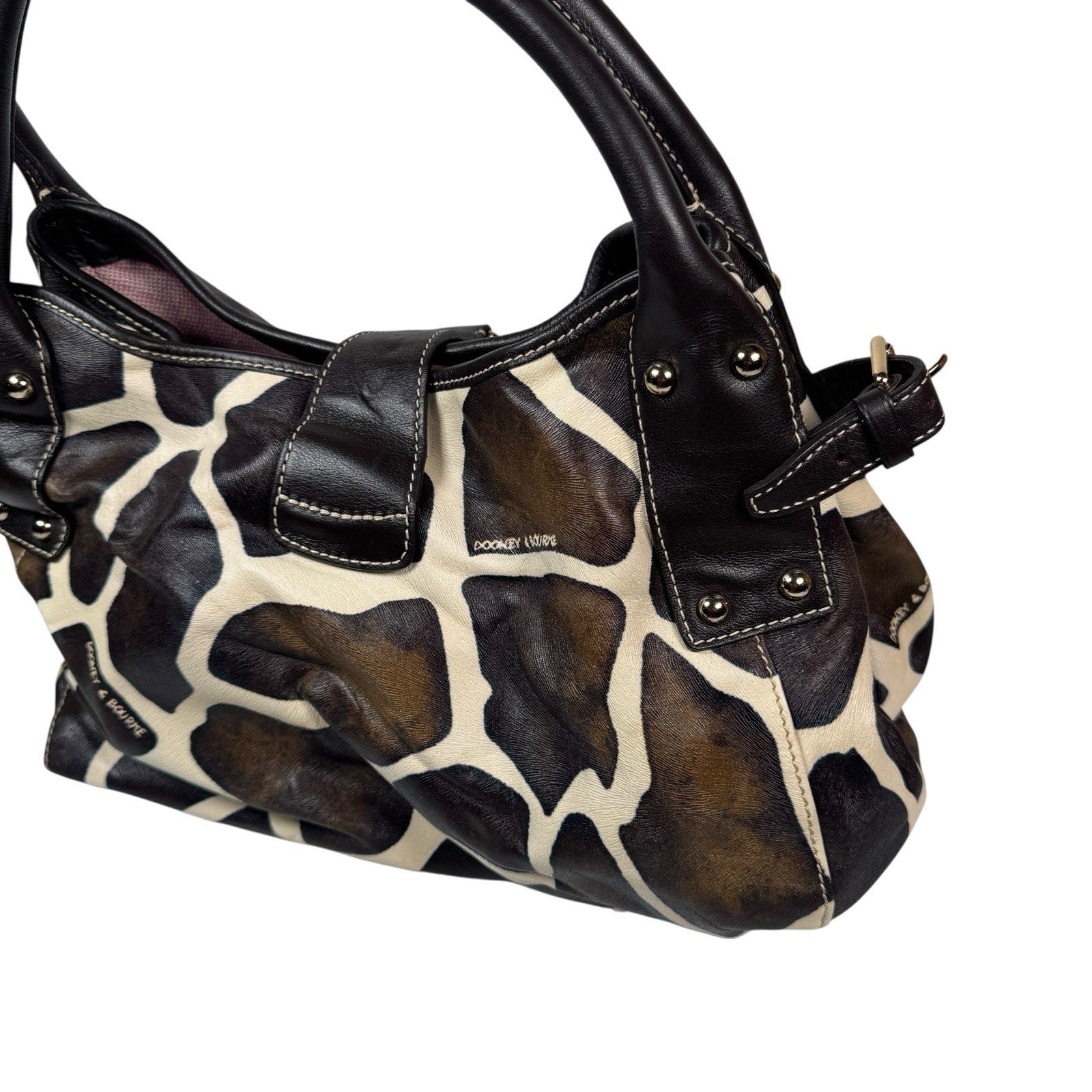 Dooney & Bourke Giraffe Print Leather Satchel Handbag Purse W/ Duck Hook & Loop