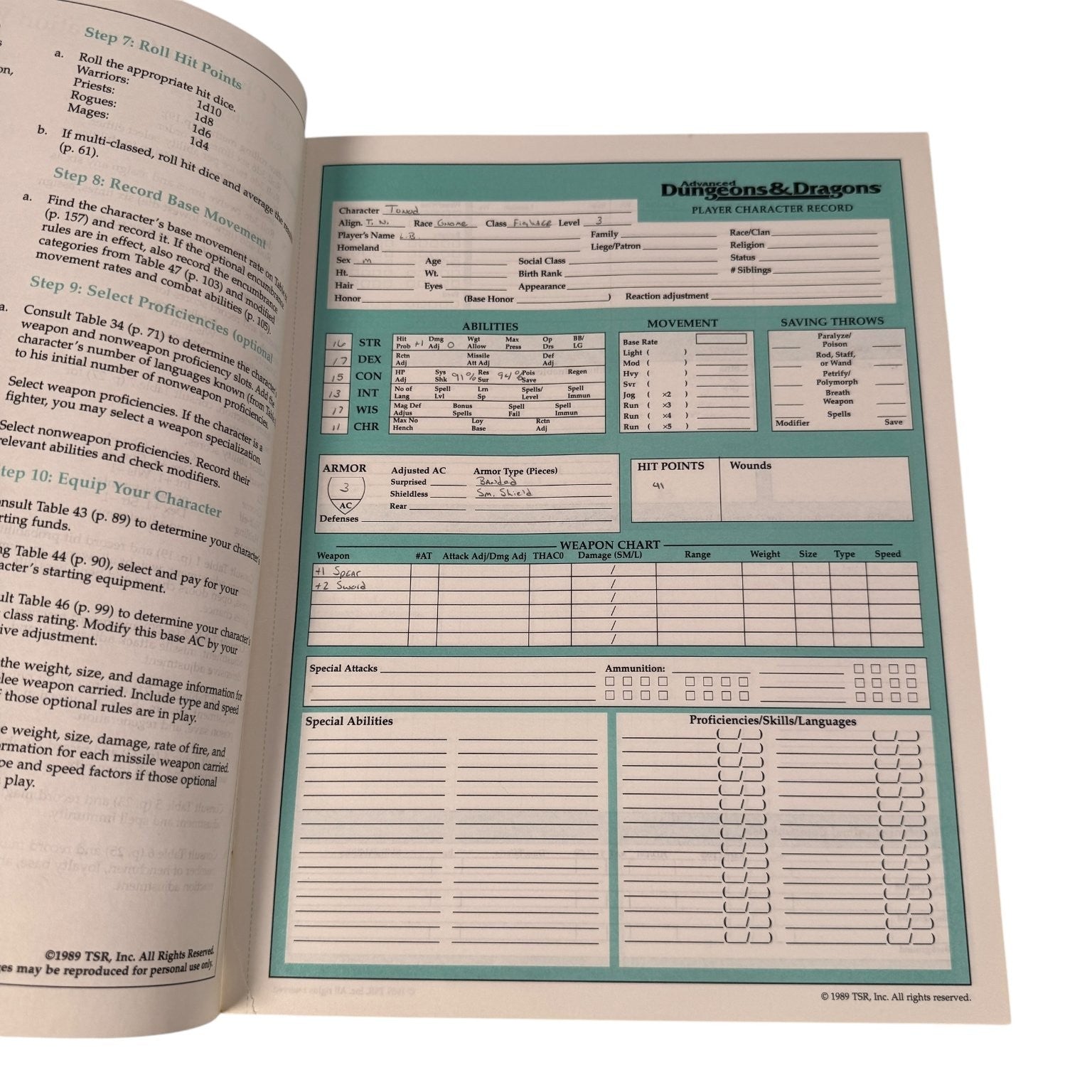 Advanced Dungeons & Dragons Character Record Sheets 1989 TSR Game Accessory 9264