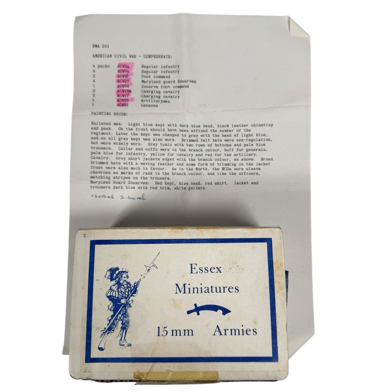 Essex ACW Mini 15mm Confederate Infantry Supplement w/ Inventory Vintage RMA 201