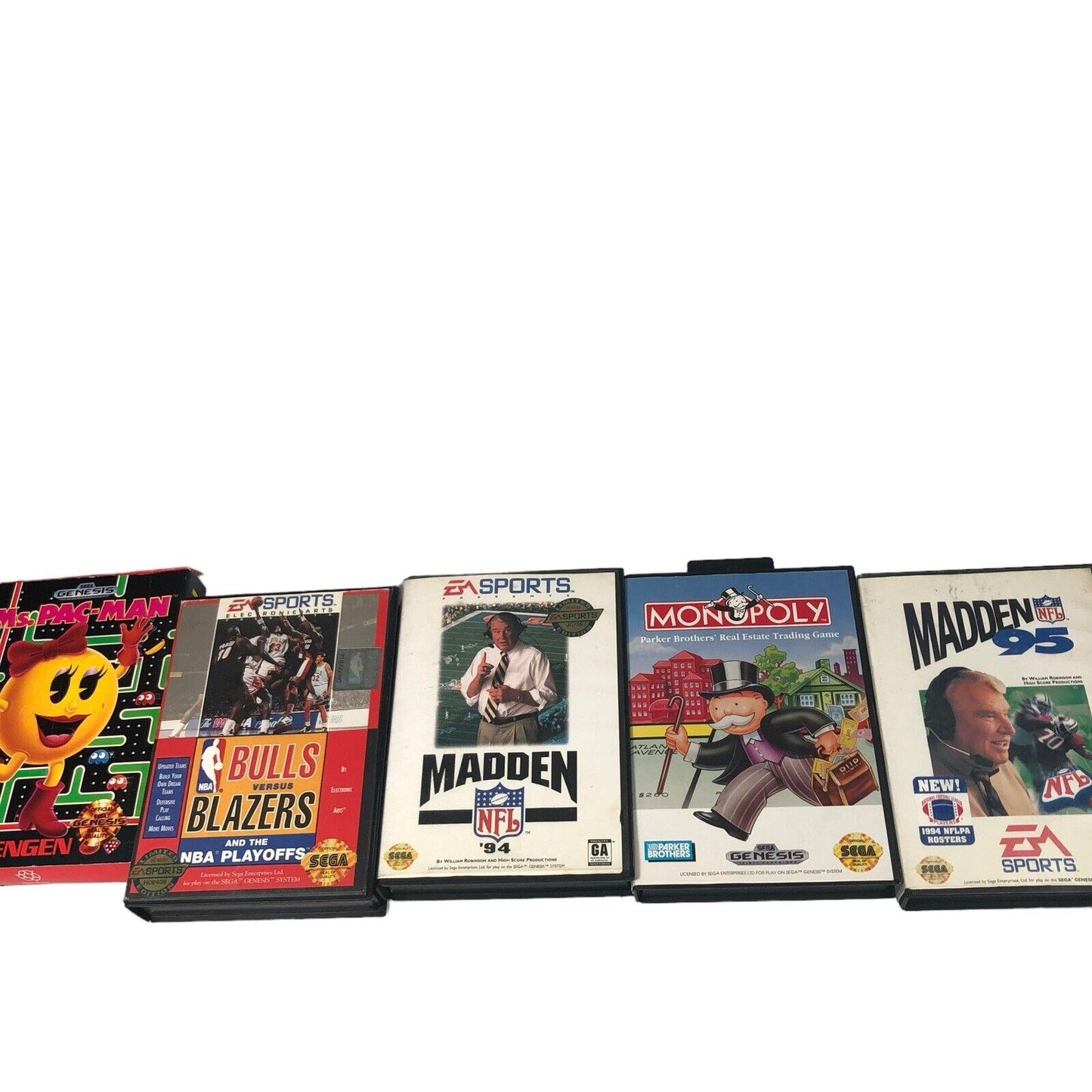 Lot Of 5x Sega Genesis Games In Cases Madden 94 & 95 Monopoly Ms PAC Man & More