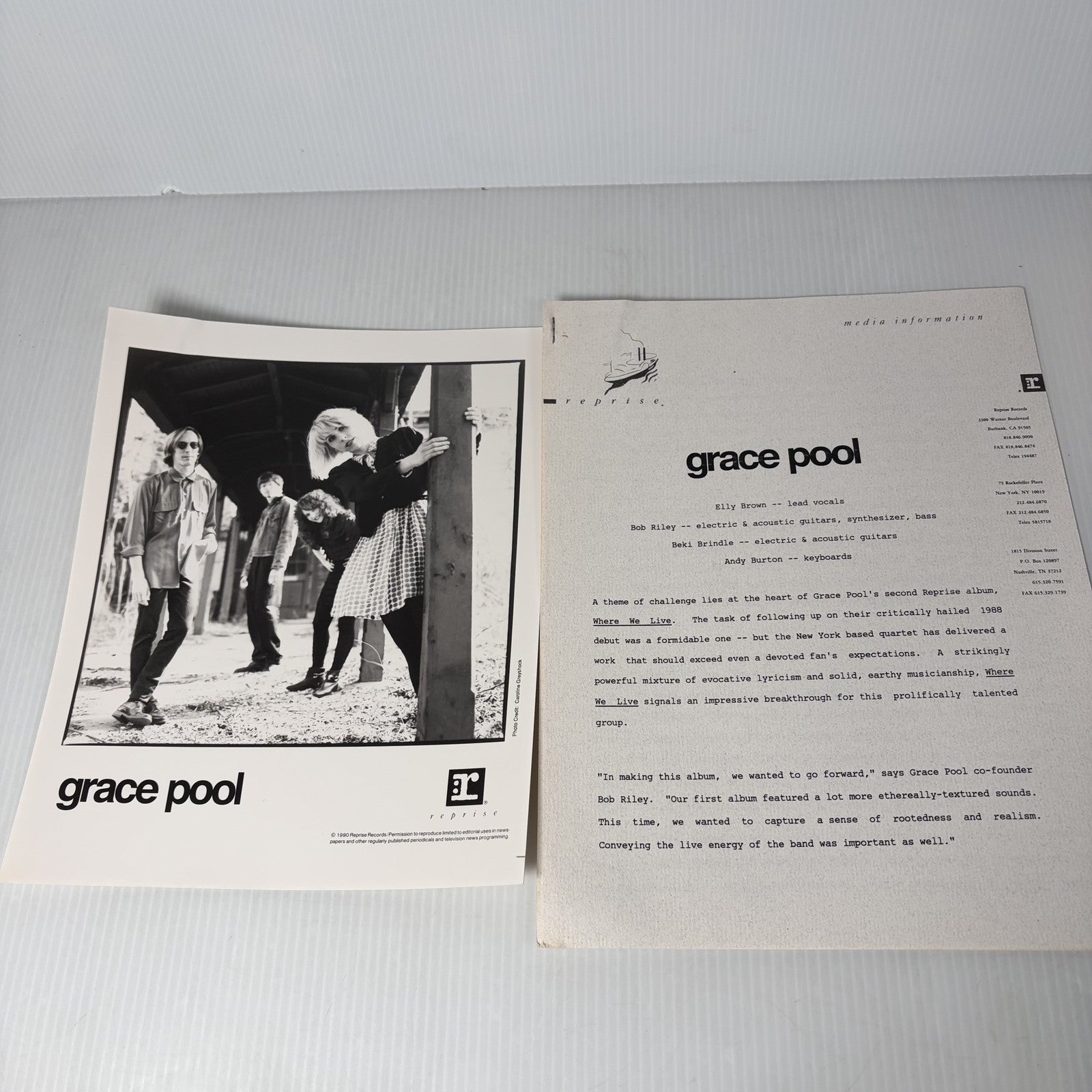 Grace Pool Band 1990 Reprise Records Press Photo & Media Information Sheet Rock