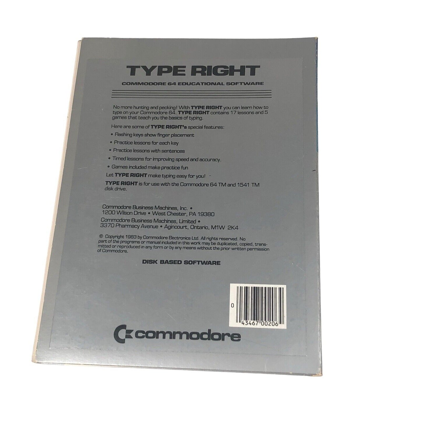 Commodore 64 Type Right Software 5.25 inch Floppy C64334 with Manual 1983