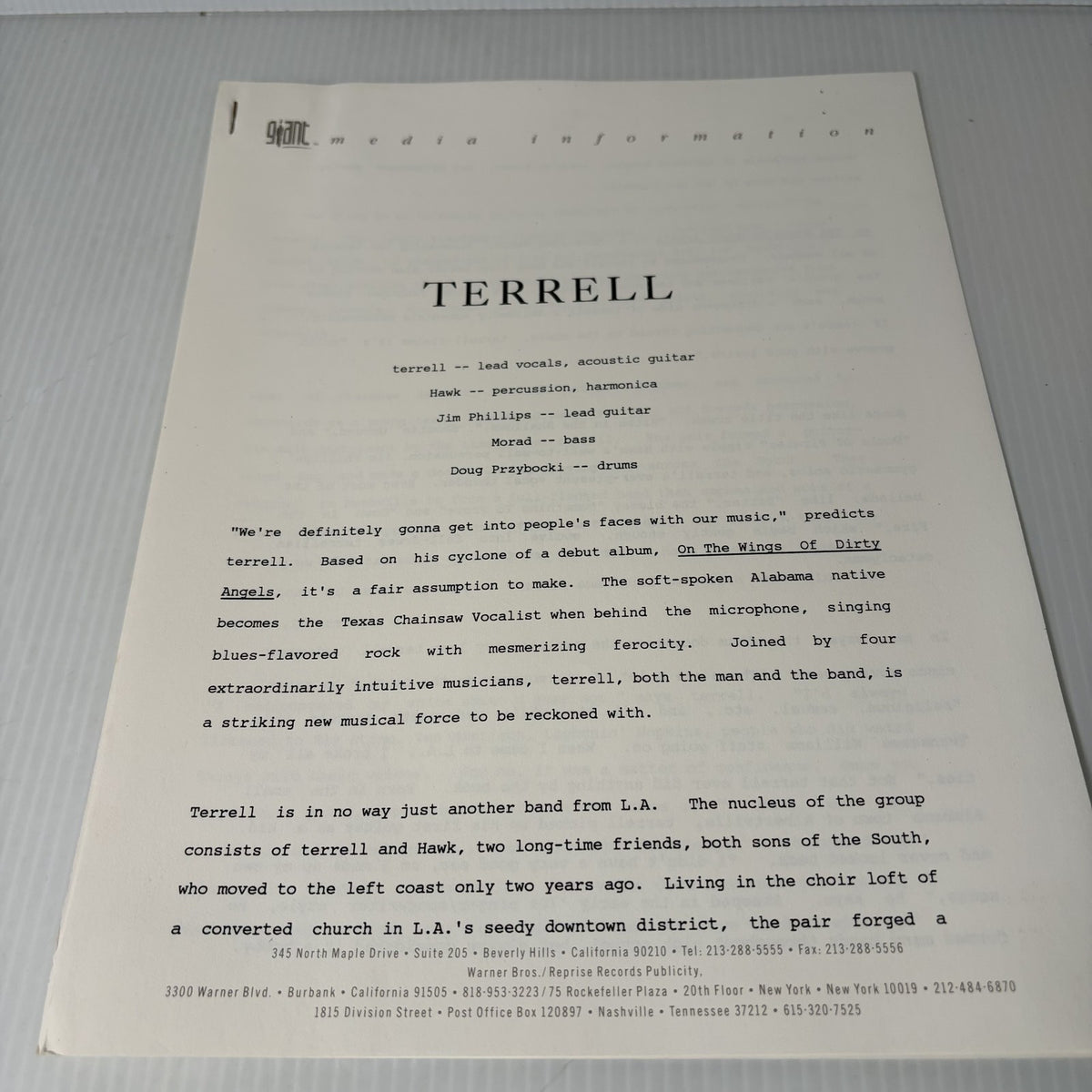 Terrell Band Original Press Kit Photo & Bio Giant Reprise Records Blues Rock 90s