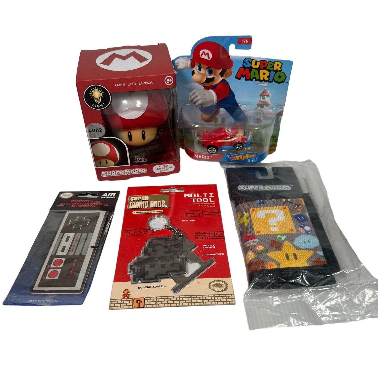 Mixed Lot Of Super Mario Bros Collectibles Wallet Multi Tool Car Light Freshener