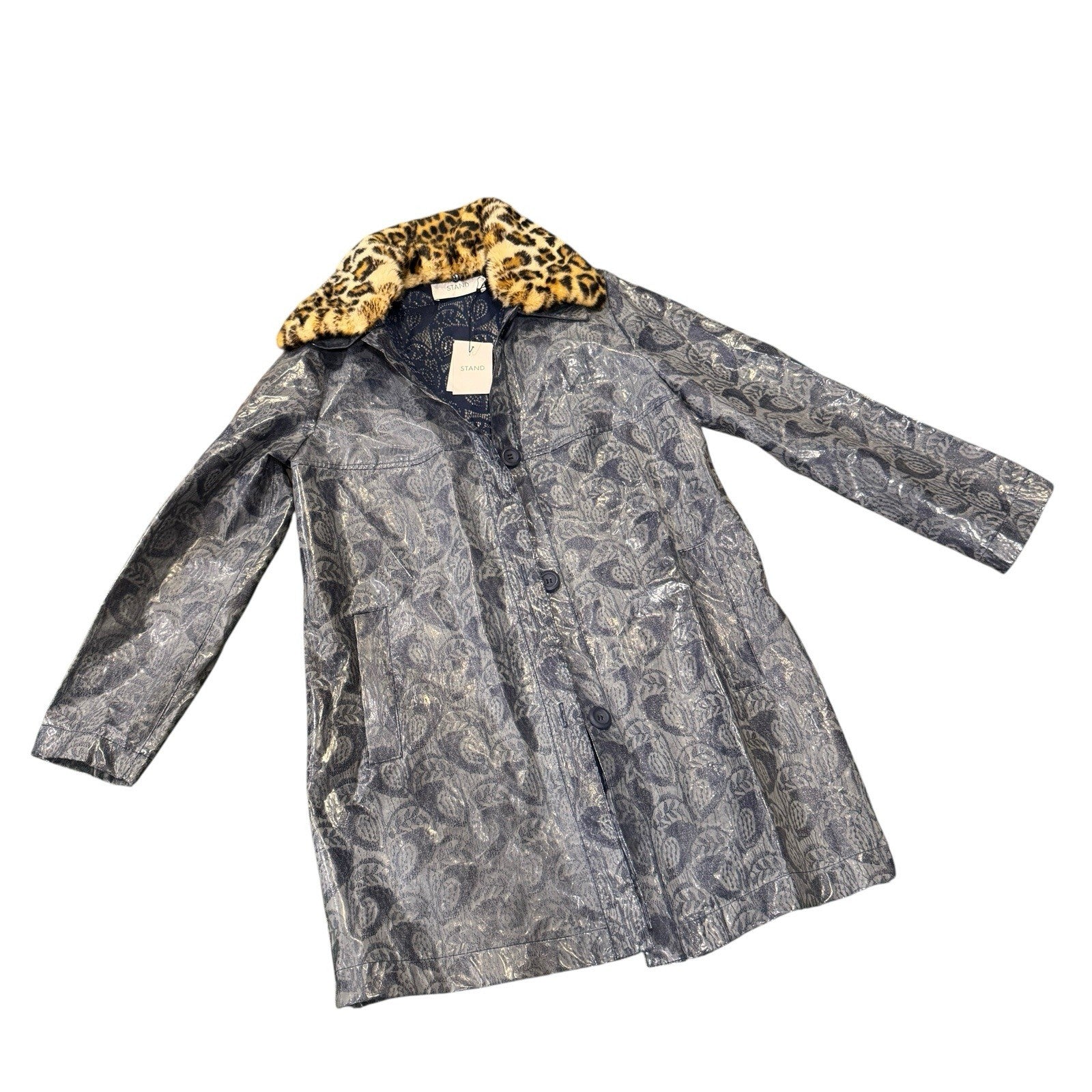 Stand Studio Designer Anais Rain Coat Long Dark Navy Translucent Sz 38 PVC Lace