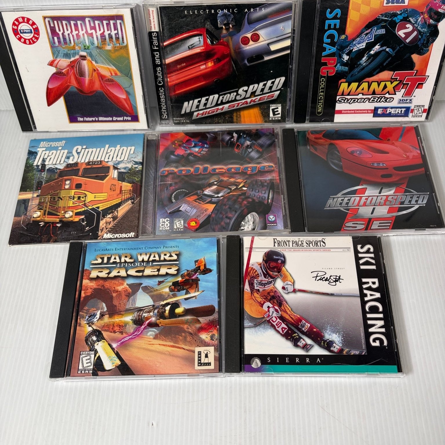 Mixed Lot 8 Retro PC Racing Games Pod Racer, Need for Speed, Cyberspeed & More