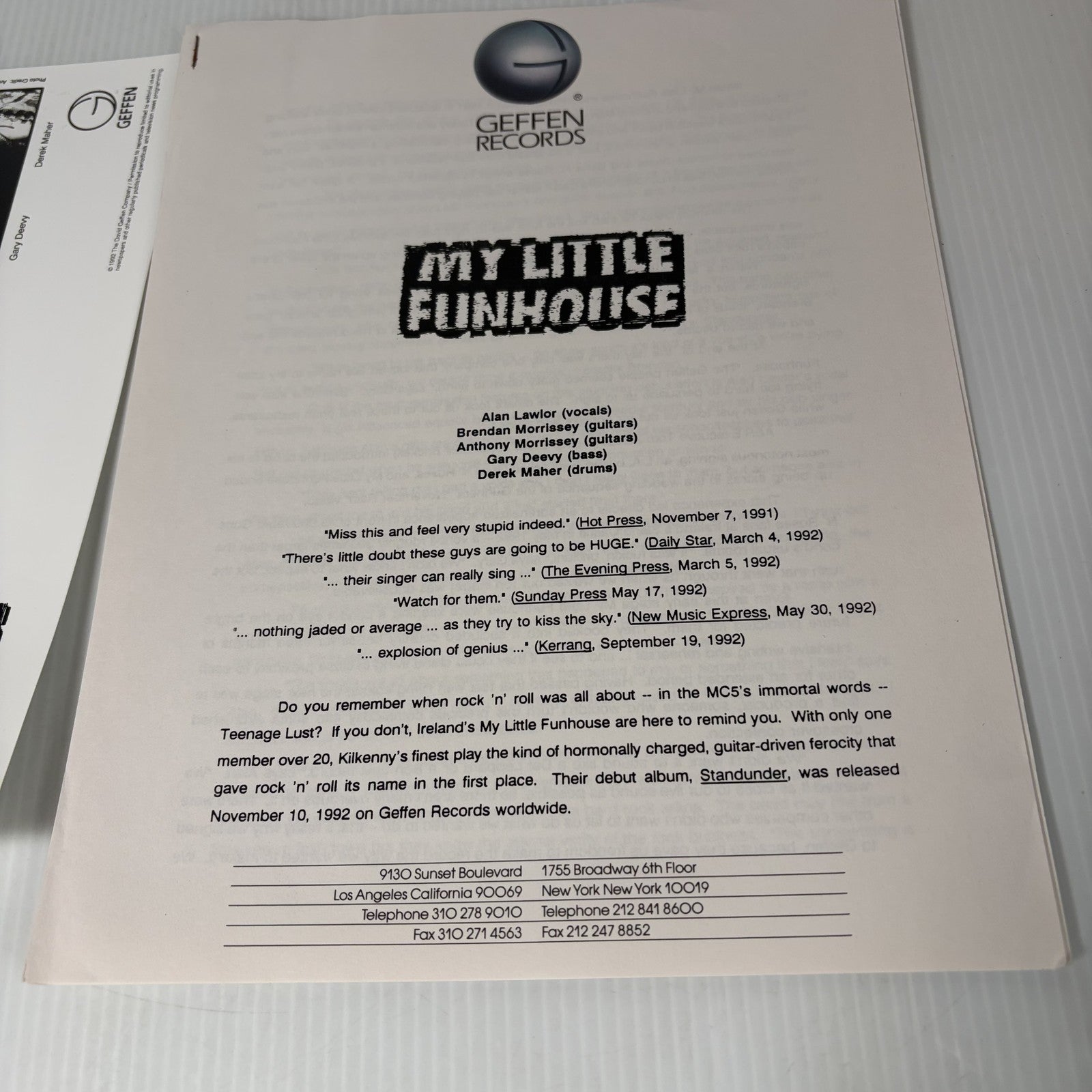 My Little Funhouse Geffen Records 1992 Press Kit Promo Photo Bio Sheet Rock Pop