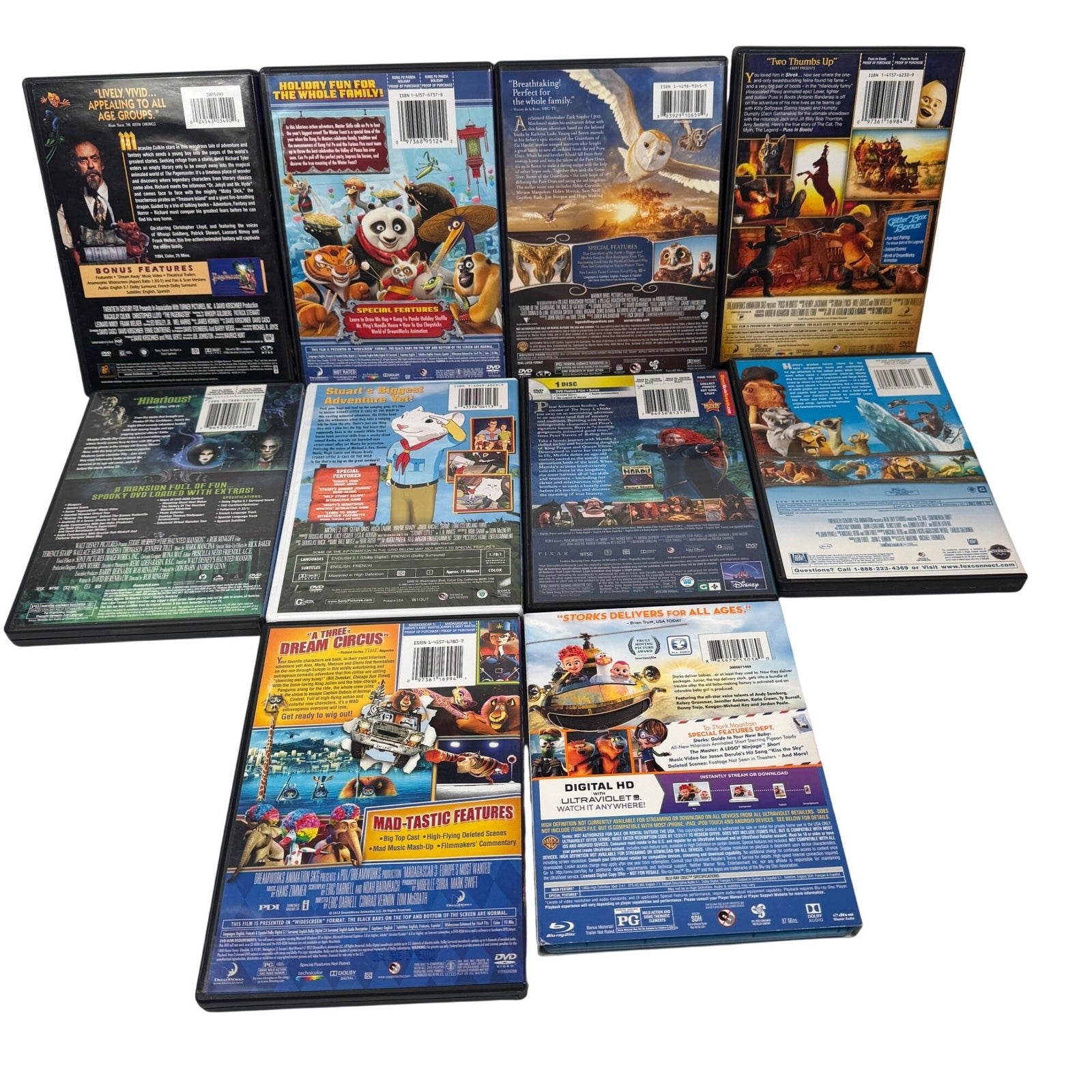 10 DVD Movie Lot Madagascar 3 Ice Age Brave Stuart Little 3 Puss In Boots & More