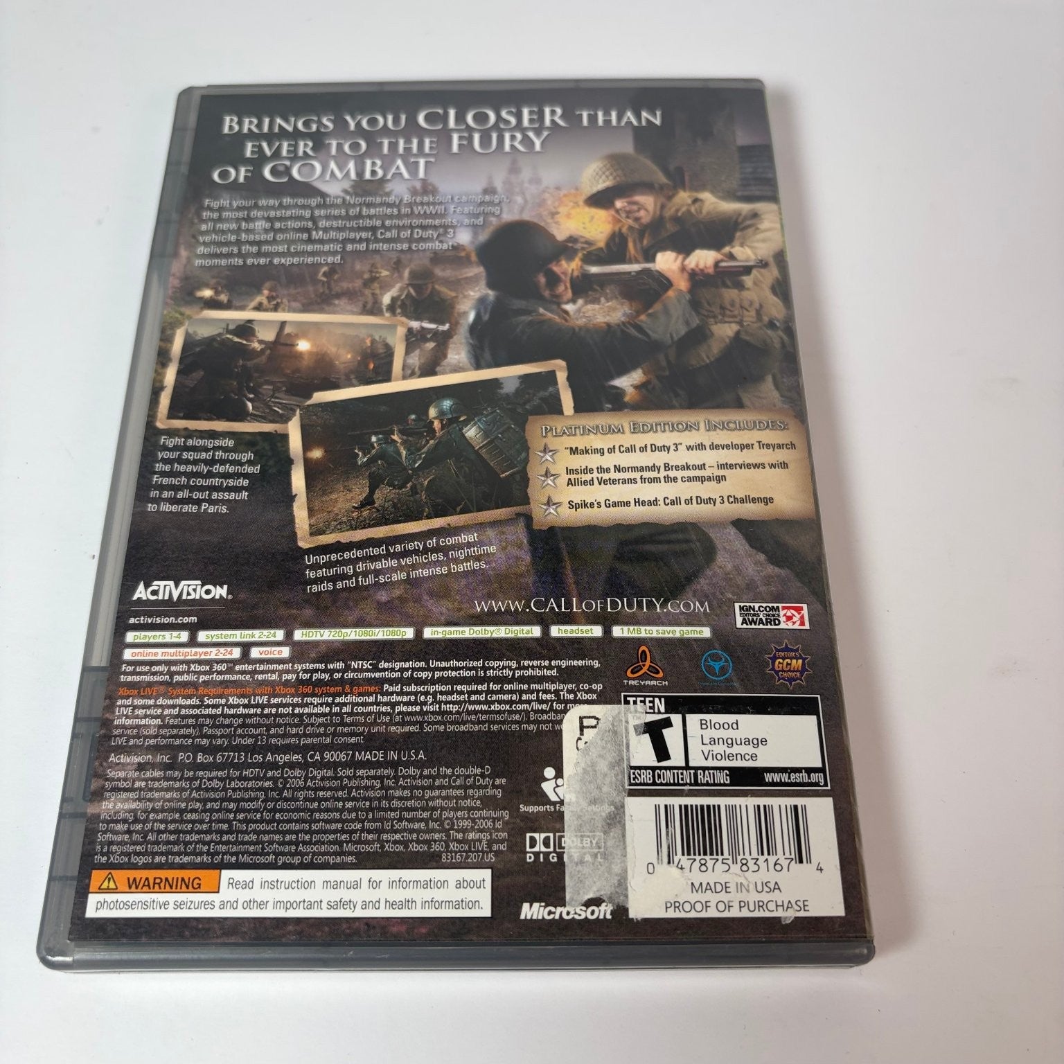 Call of Duty 3 Platinum Hits Xbox 360 (Microsoft, 2006) W/ Bonus Disc