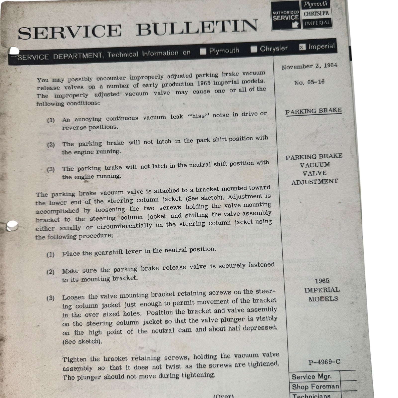Vintage 1965 Chrysler Mopar Service Bulletins Plymouth Imperial Mechanic Documen