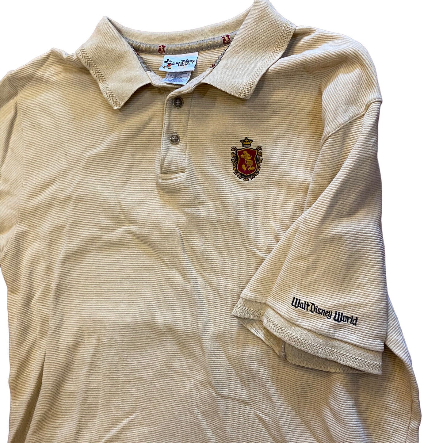 Disney World Main Street Mickey Ruffled Off White Tan Corduroy Shield Polo Shirt