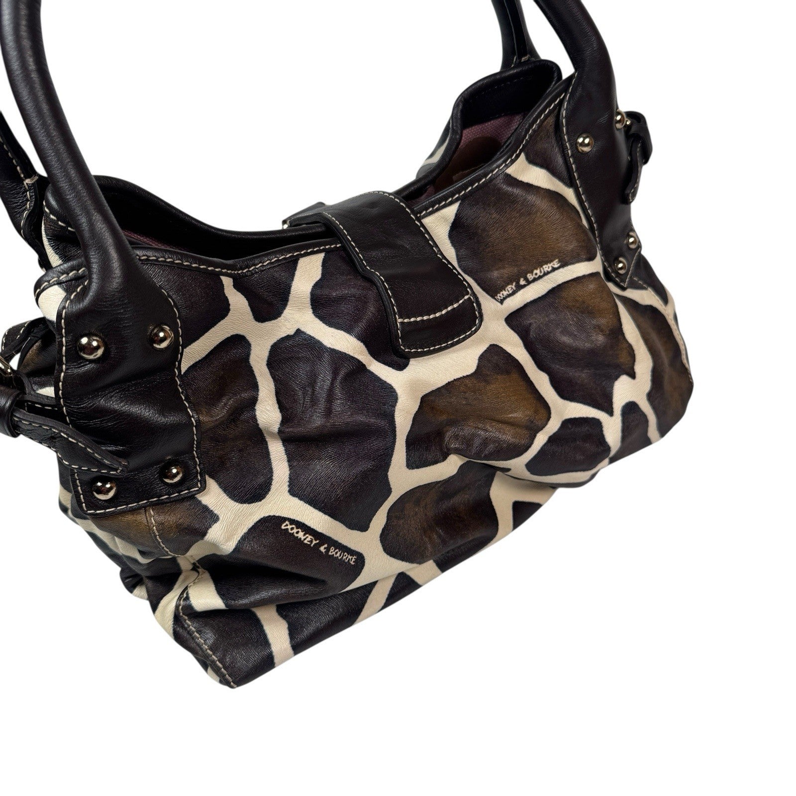 Dooney & Bourke Giraffe Print Leather Satchel Handbag Purse W/ Duck Hook & Loop