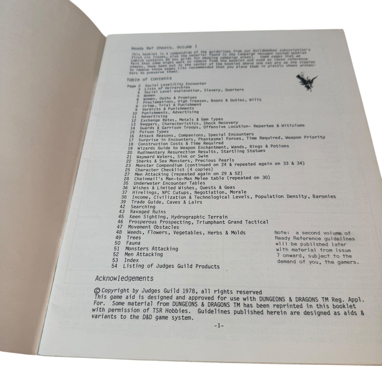 Dungeons & Dragons Ready Ref Sheets Volume 1 Judges Guild 2nd Edition 1978