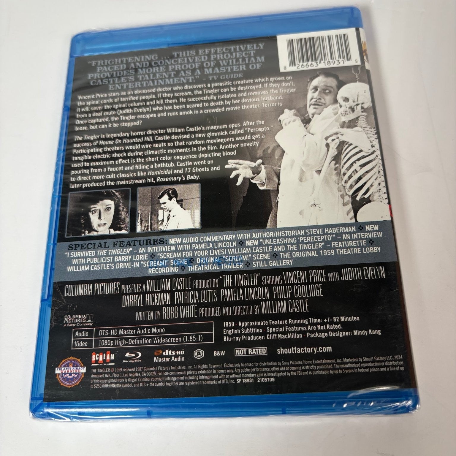 The Tingler Blu-ray 1959 Vincent Price William Castle Percepto Scream Factory