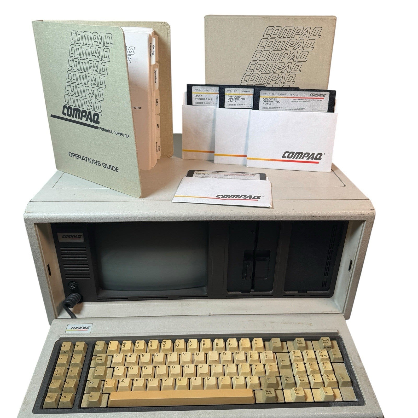 Compaq Portable Model 1 (1983) IBM PC Compatible w/ Manual & Disks AS IS