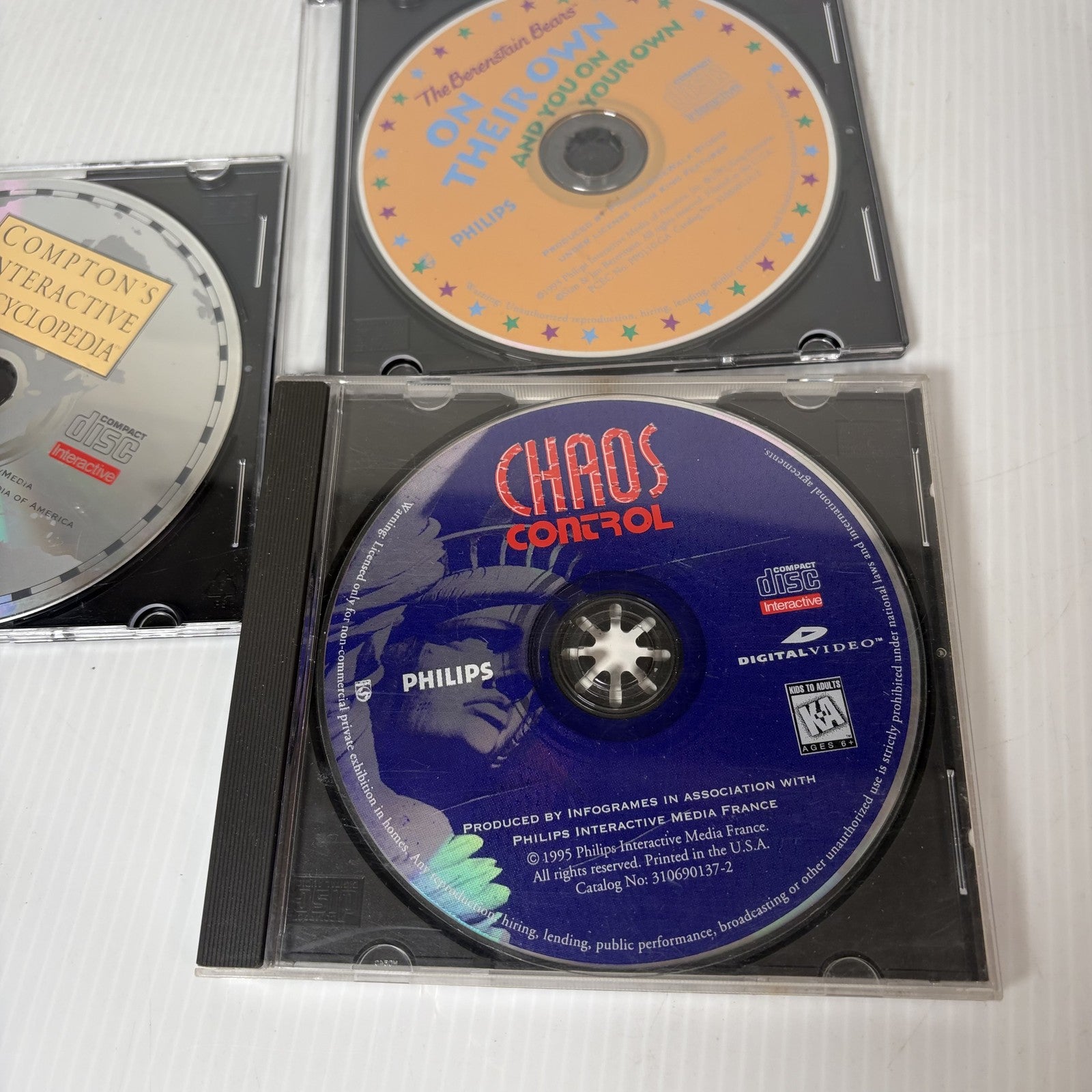 Philips CD-i Disc Lot of 3 Chaos Control, Berenstain Bears Comptons Encyclopedia